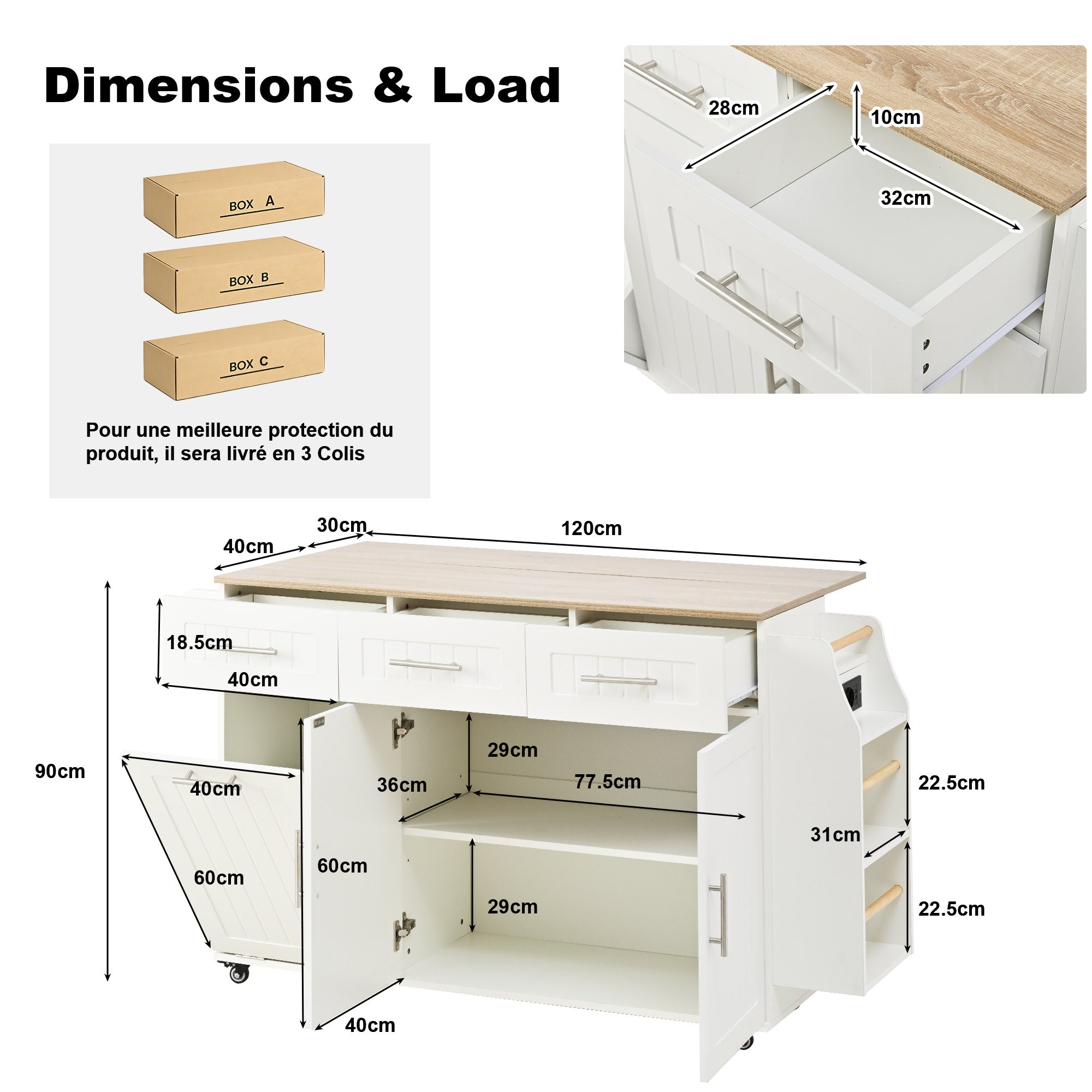 Kitchen Island Extendable Worktop Waste Bin Power Strips Mobile