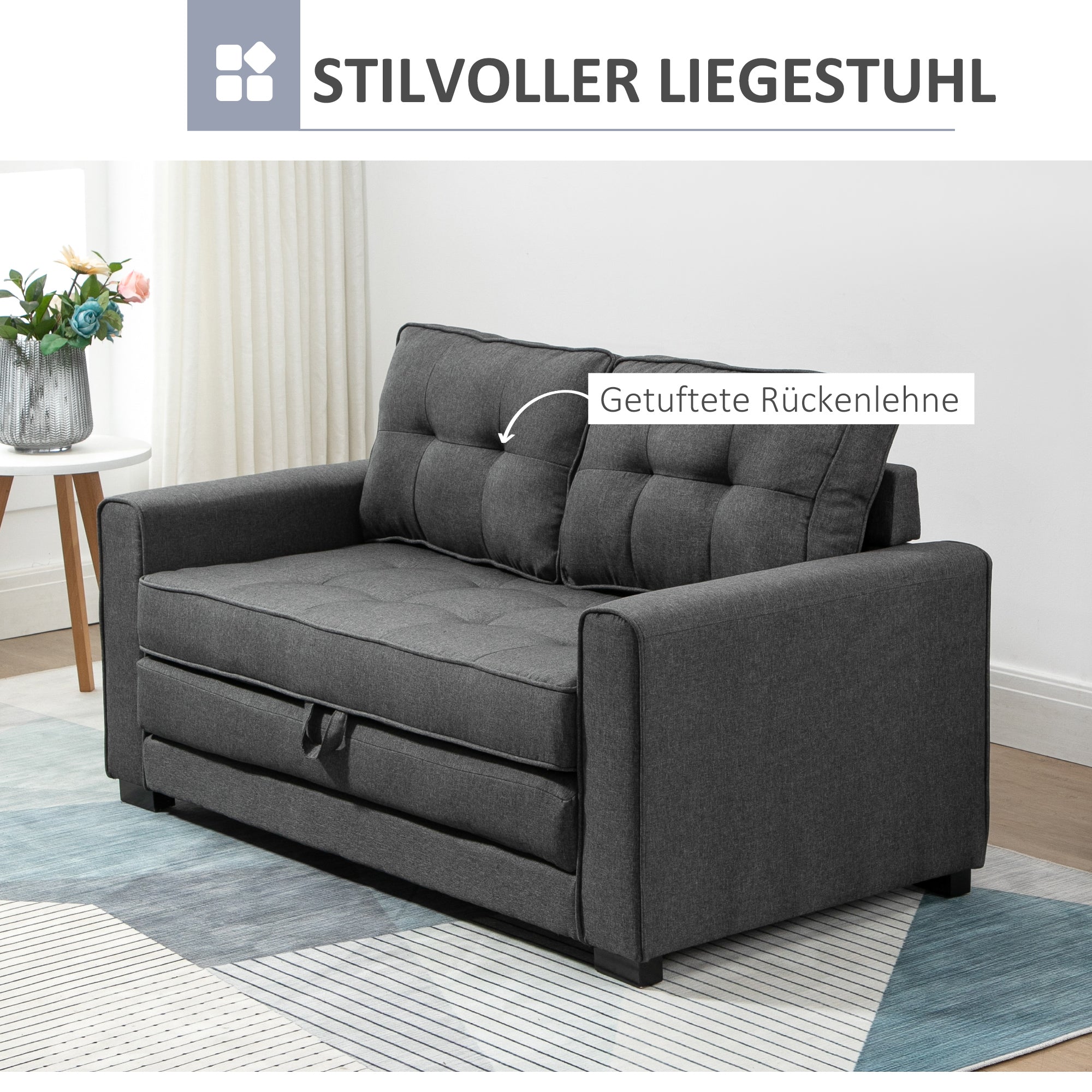 Sleeper Sofa Convertible 2-Seater with Sleeping Function, Linen Touch, Grey Rubberwood