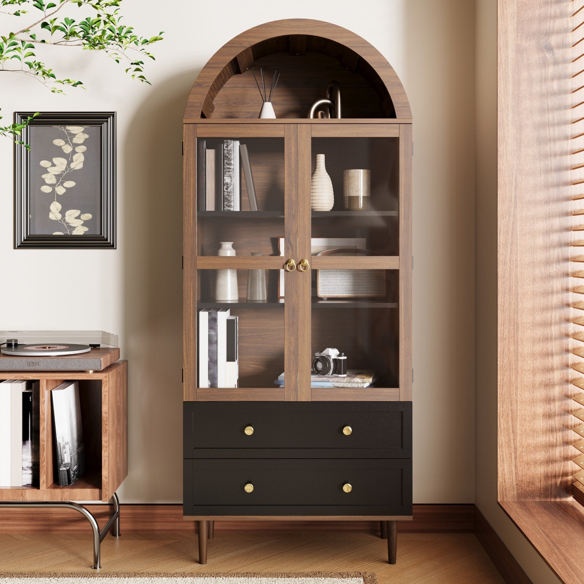Retro Storage Cabinet with Adjustable Shelves and Curved Glass, Luxurious Sideboard