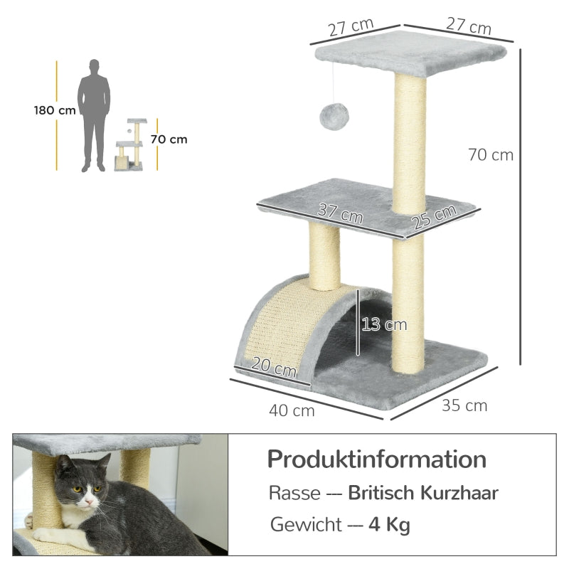 Cat Tree 72cm with Plush Balls, Sisal Posts, Platform, Scratching Board, Light Grey