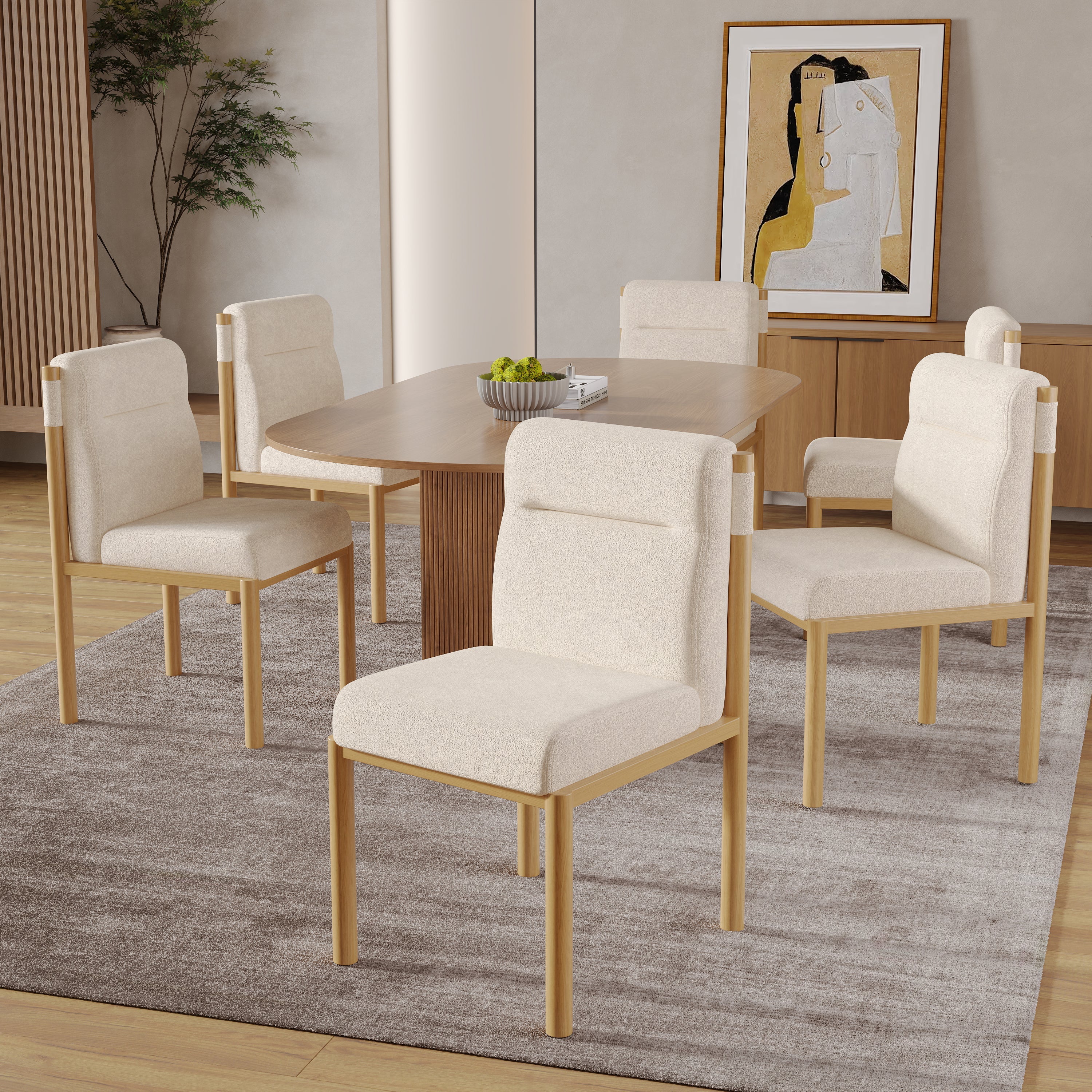 2 Dining Chairs Padded Modern Oak-Effect Frame - Beige Sherpa Fabric