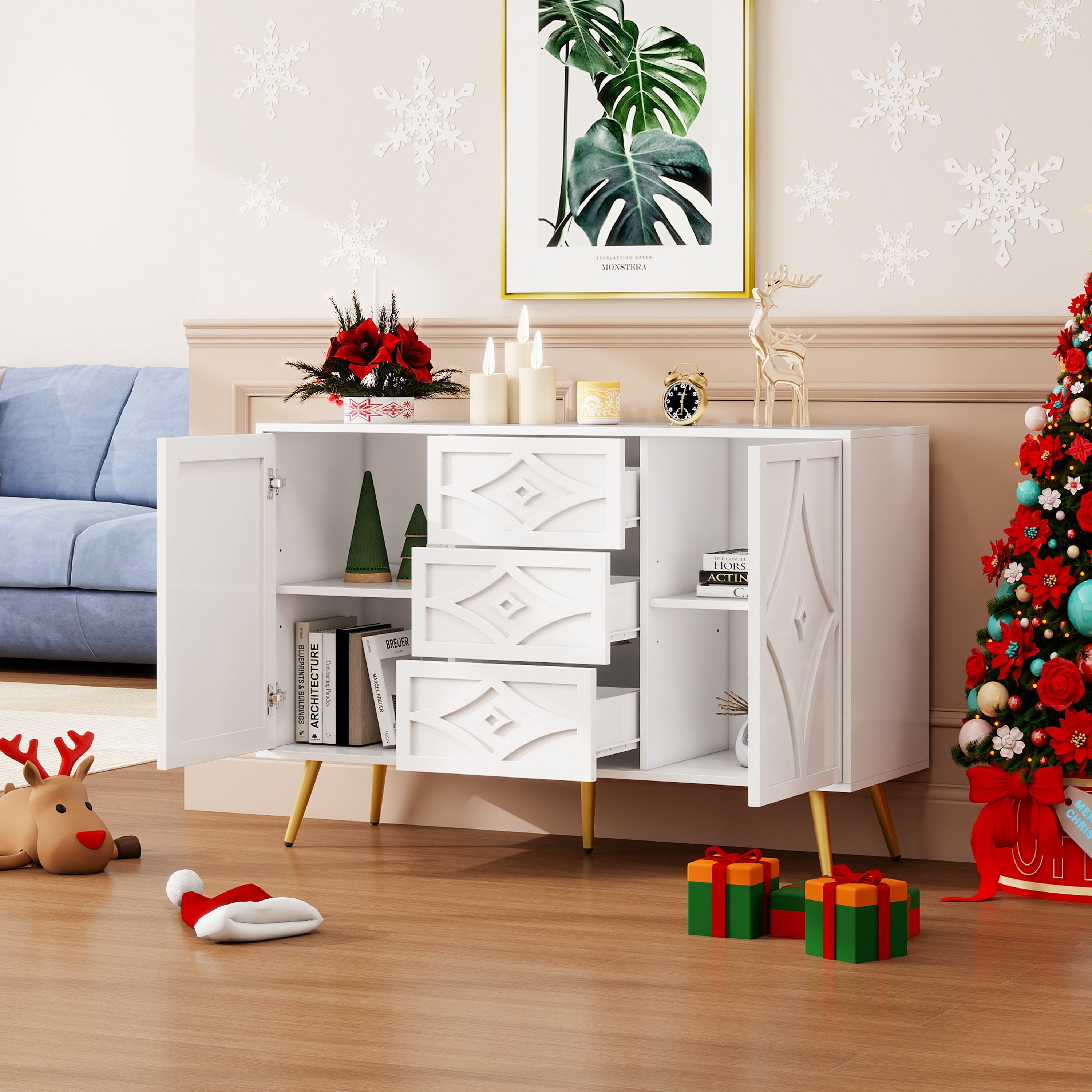 Chest of Drawers, Diamond Pattern with 3 Drawers & 2 Doors, Gold Feet White