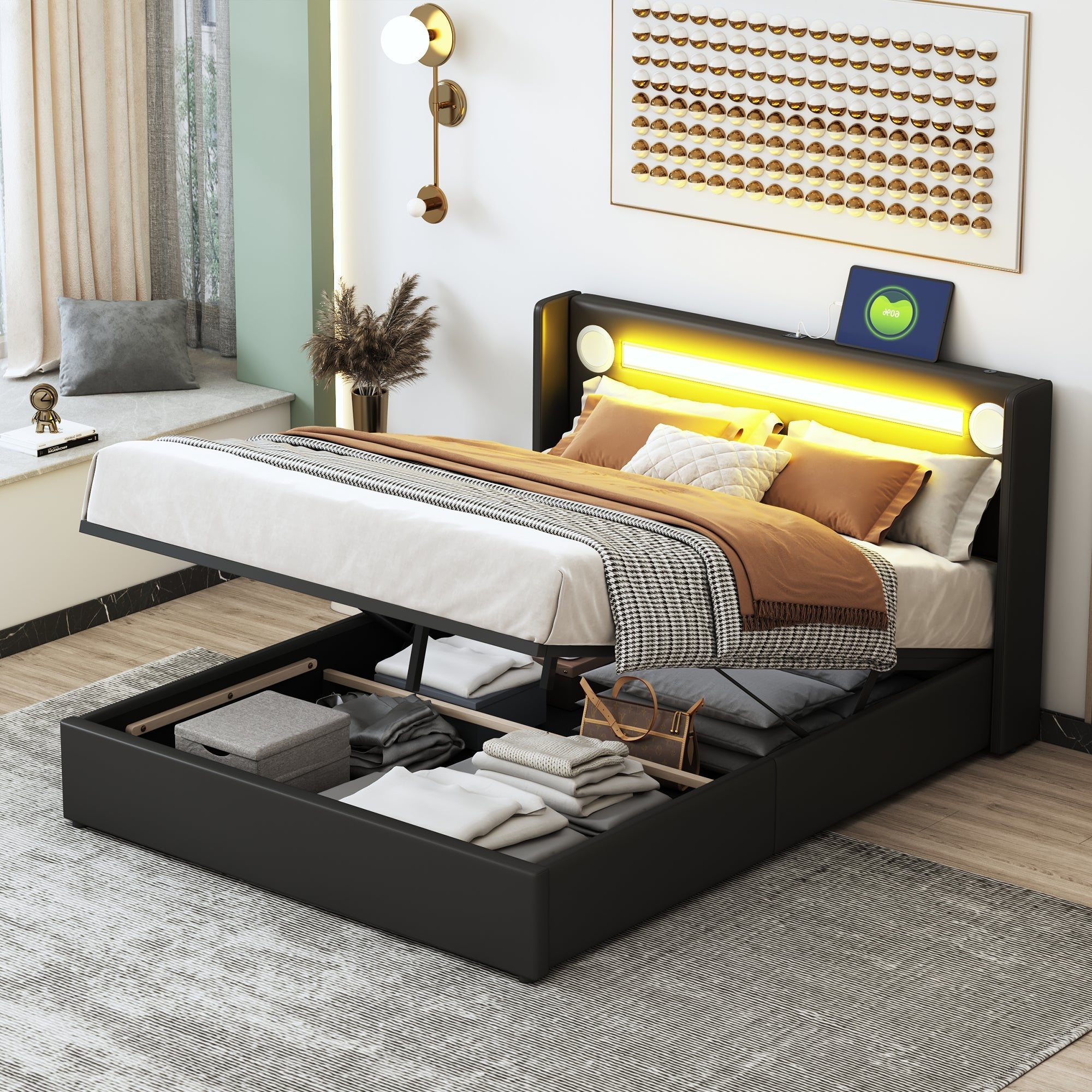 Upholstered Bed, 140x200 LED, Bluetooth & USB, PU Leather Black