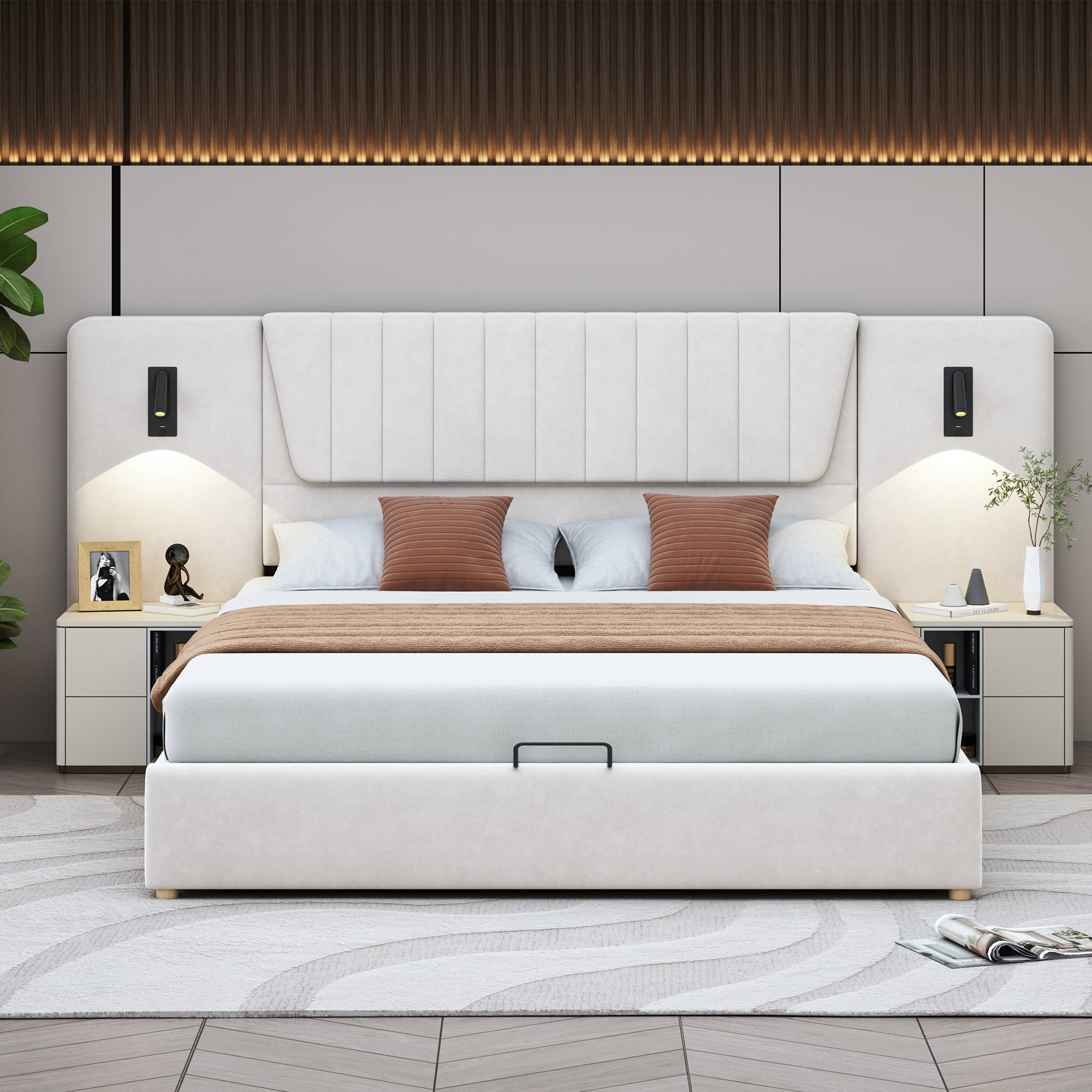 Upholstered Bed, 180*200cm, Extra-Long Backrest, Reading Lamp, USB Port, Hydraulic Storage, Beige Velvet