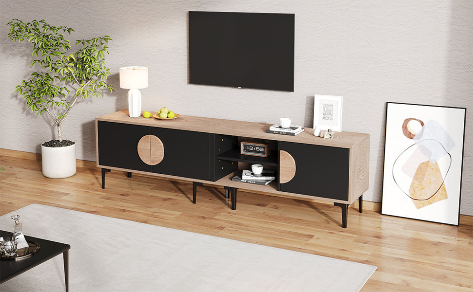 TV Cabinet Lowboard 180cm 2 Cabinets Open Shelves for 80 Inch TV - Wood/Black