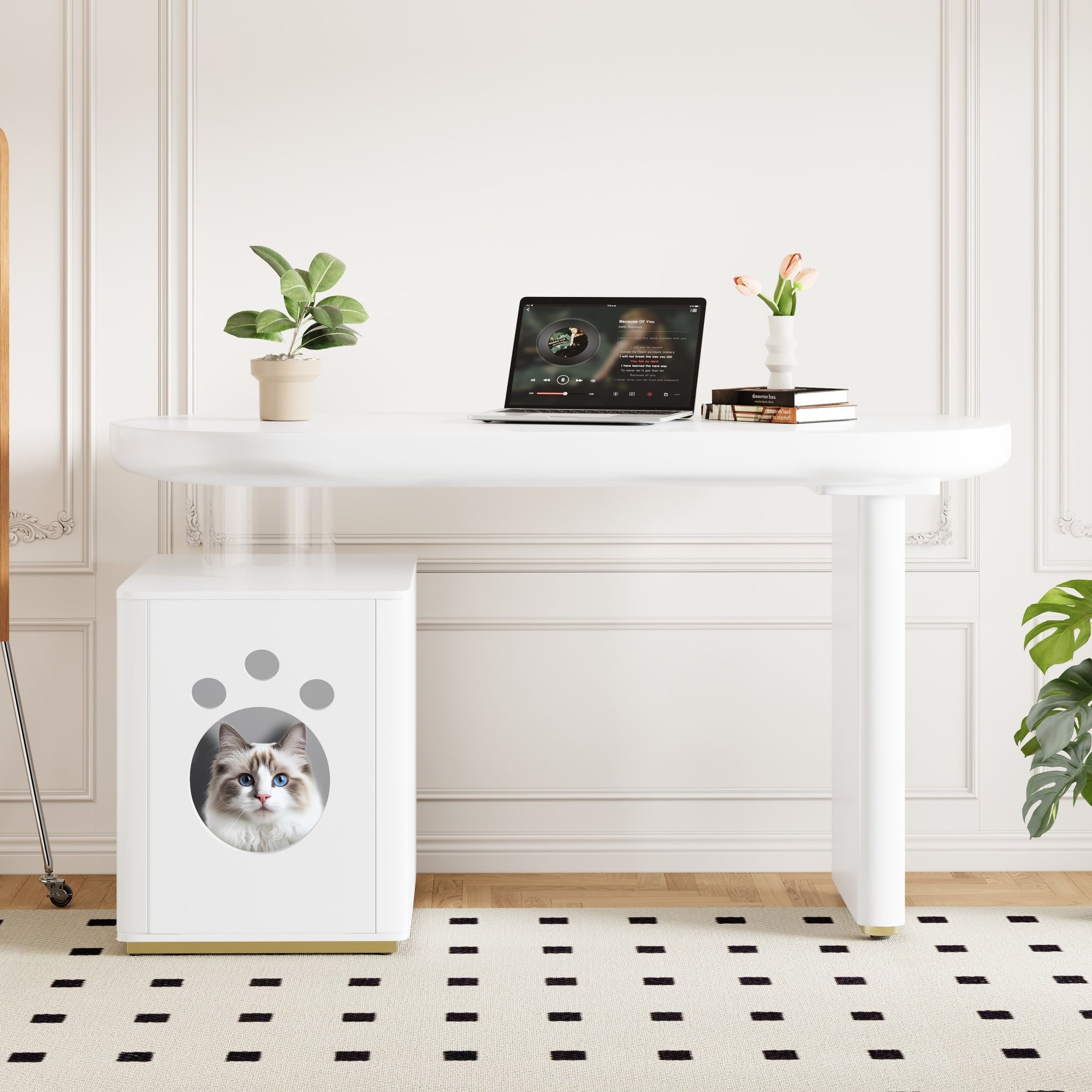 Desk with Pet Bed – 117x50x76 cm, Lacquered, Stable, White French Style