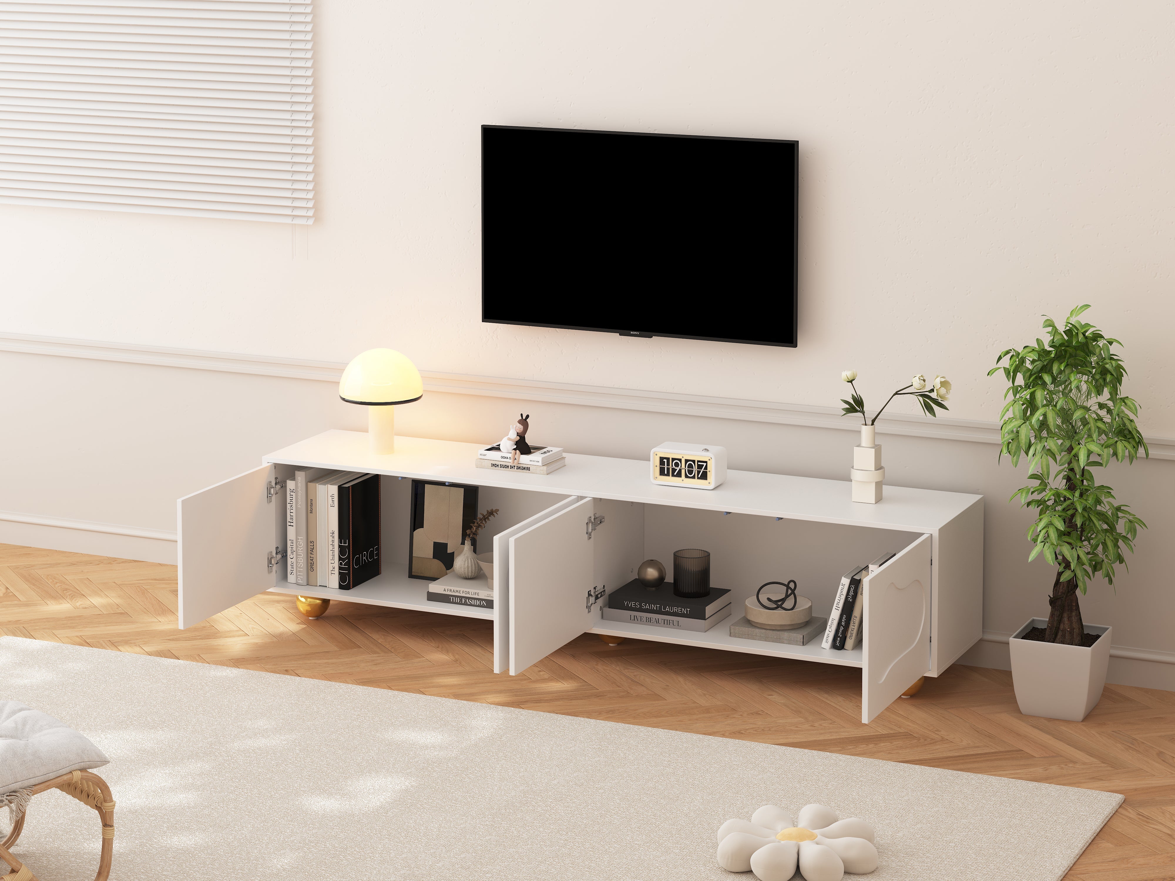 TV Cabinet, Cloud-Shaped Lowboard with 2 Cabinets, 75-inch