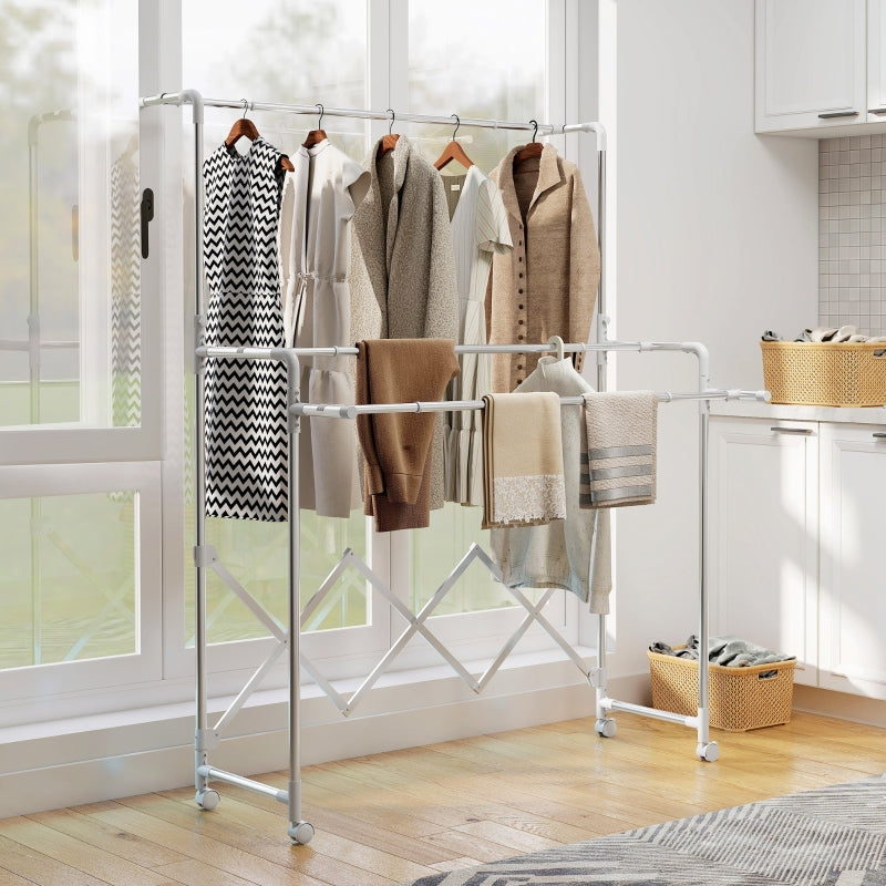 Tower Clothes Drying Rack Foldable 3 Adjustable Rods Wheels - Stainless Steel