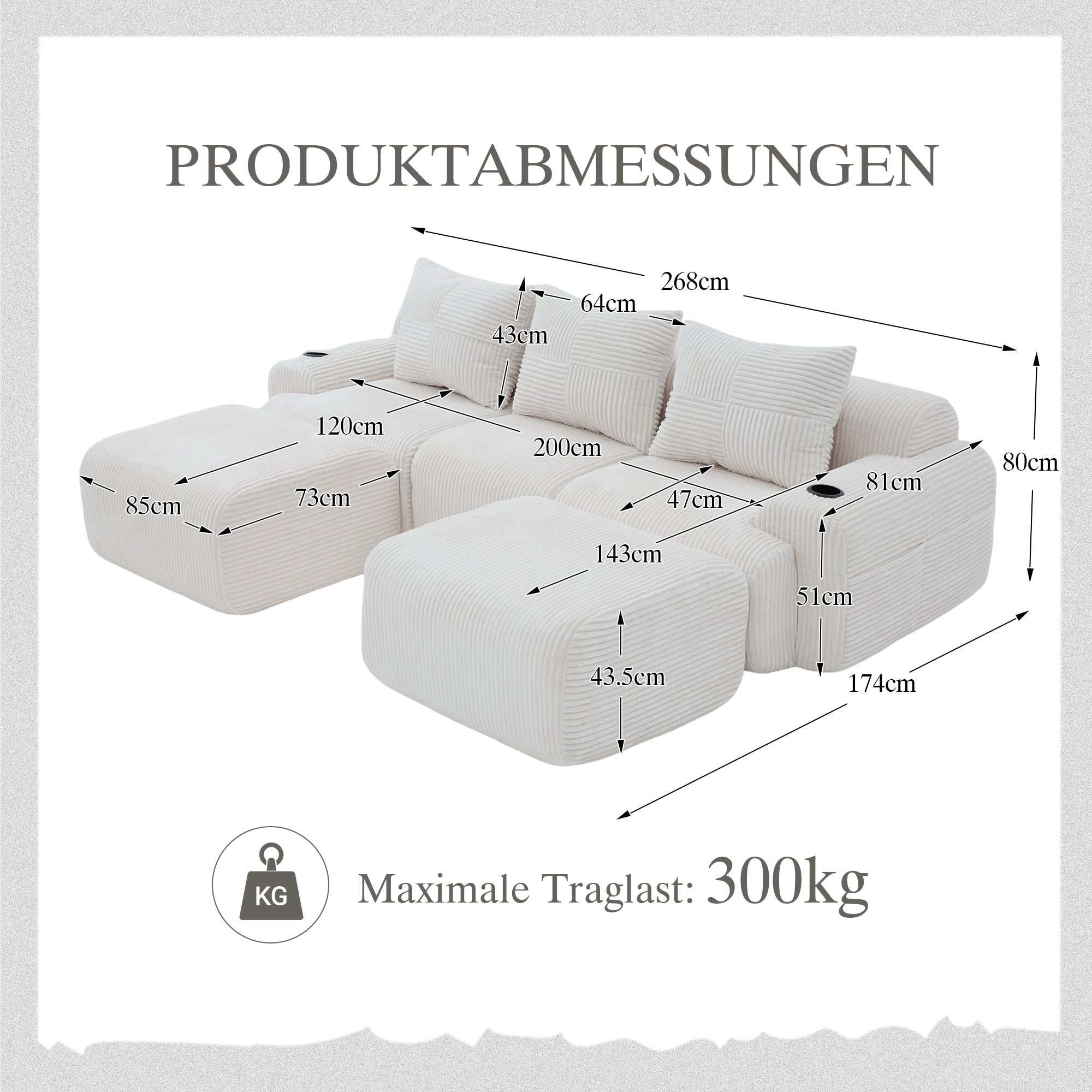 3-Seater Modular Corduroy Sofa with 2 Ottomans, Cup Holders and Storage Pocket, Beige