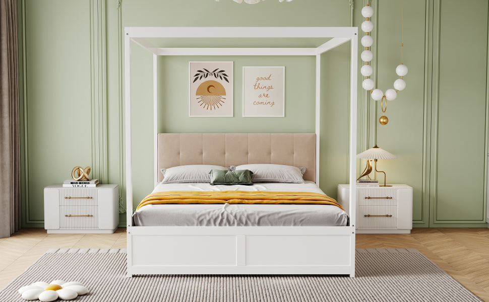 Canopy Bed, 140x200cm Large Drawers Soft Headboard, Wooden White