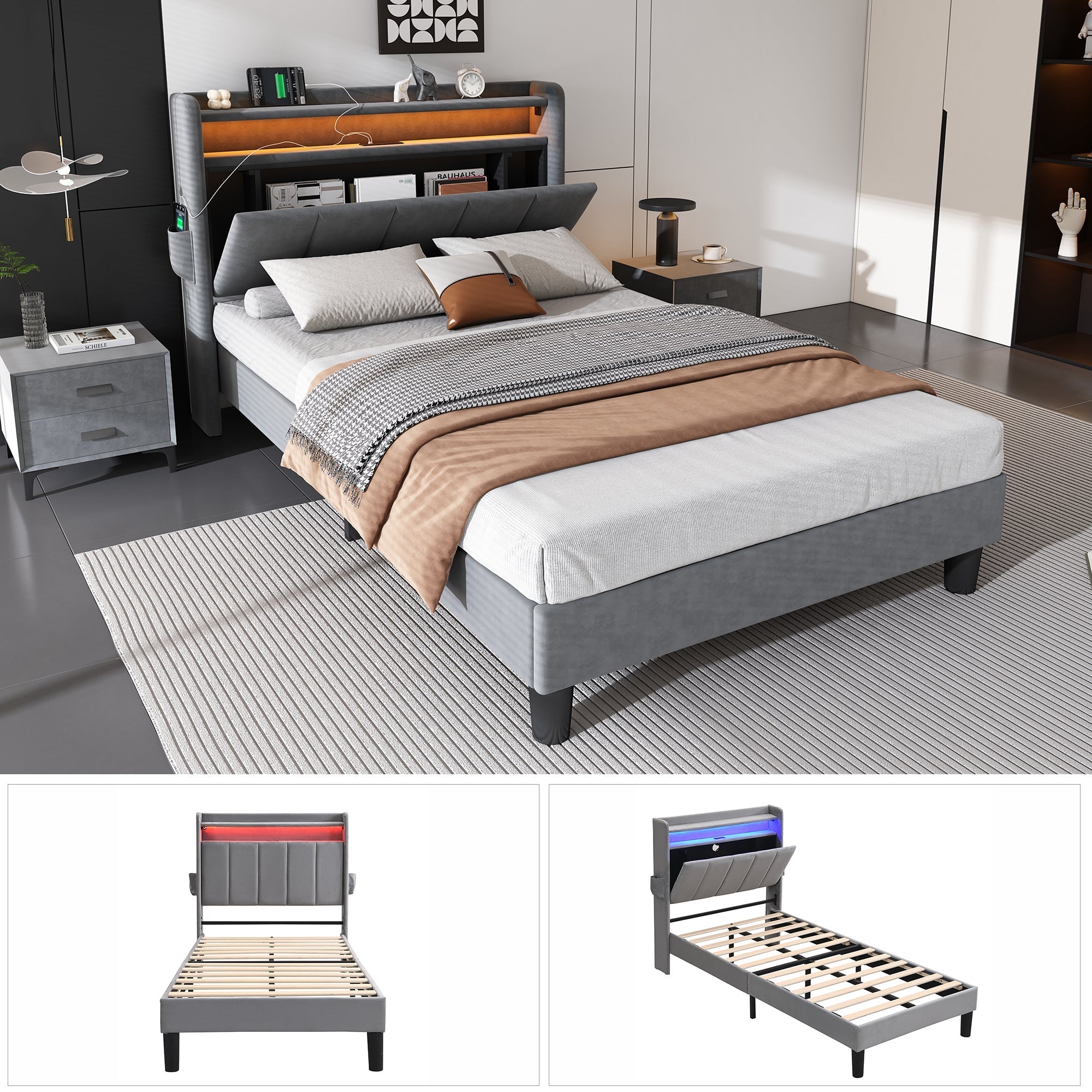 Upholstered Bed, 3FT Single with Storage, LED, USB & Type C, Velvet Grey