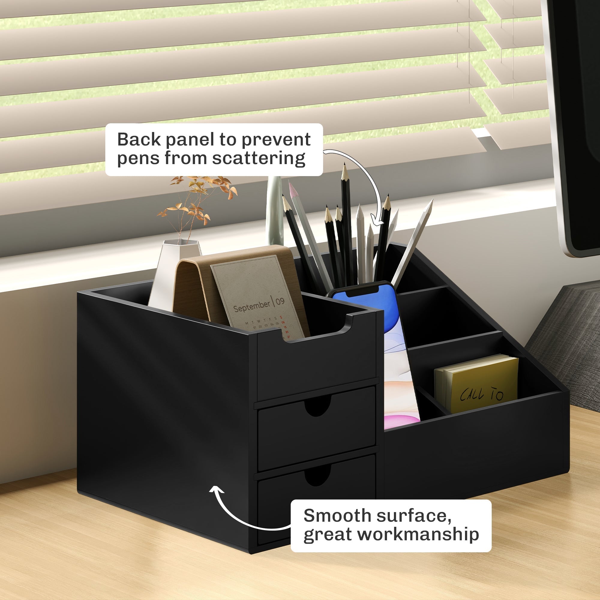 Desk Organiser Holder Multi-Function with 7 Compartments 2 Drawers Bamboo Black