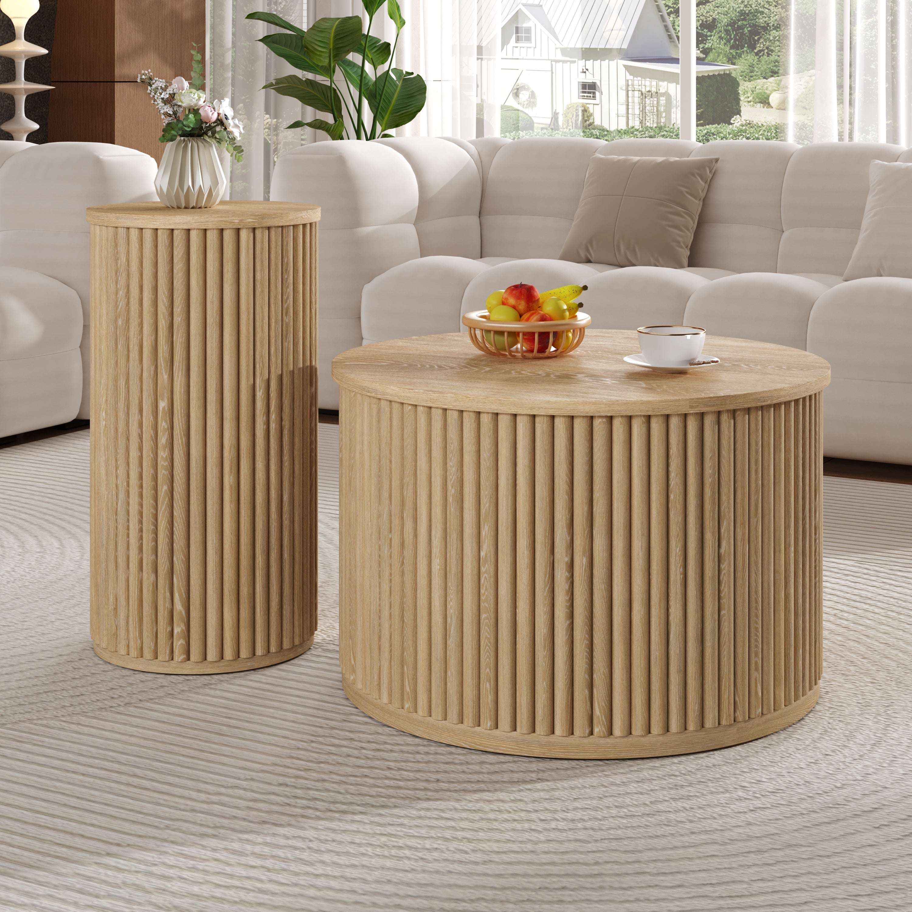 Coffee Table Double Round Slatted - Natural Wood
