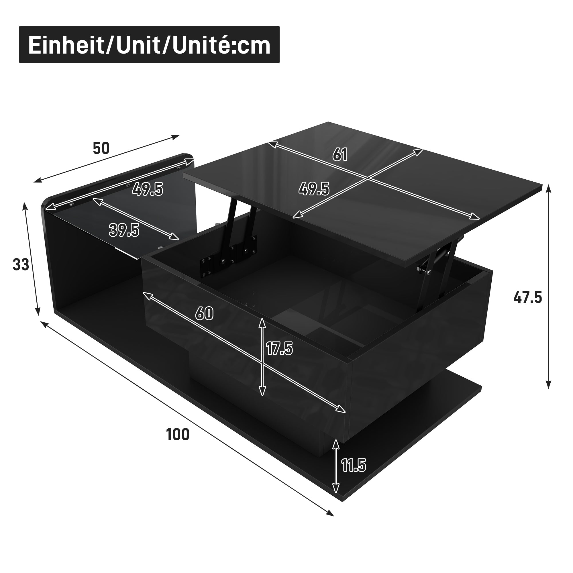 Coffee Table with Glass & LED, High-Gloss Black