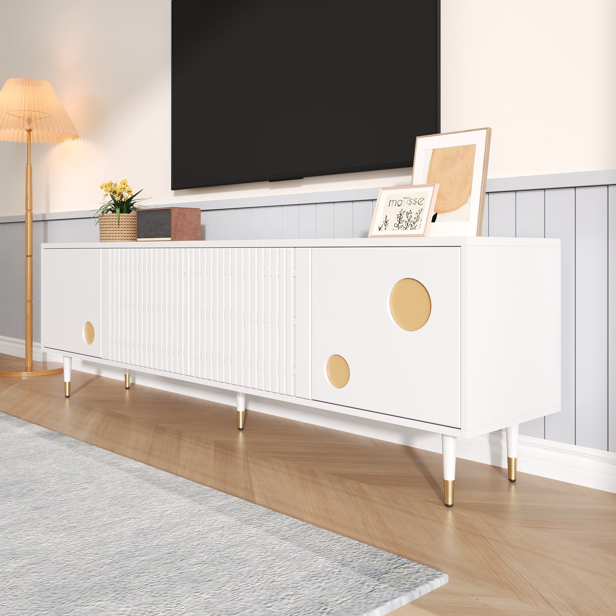 TV Cabinet, Lattice & Hidden Handles, Solid Wood Doors, Gold Decor