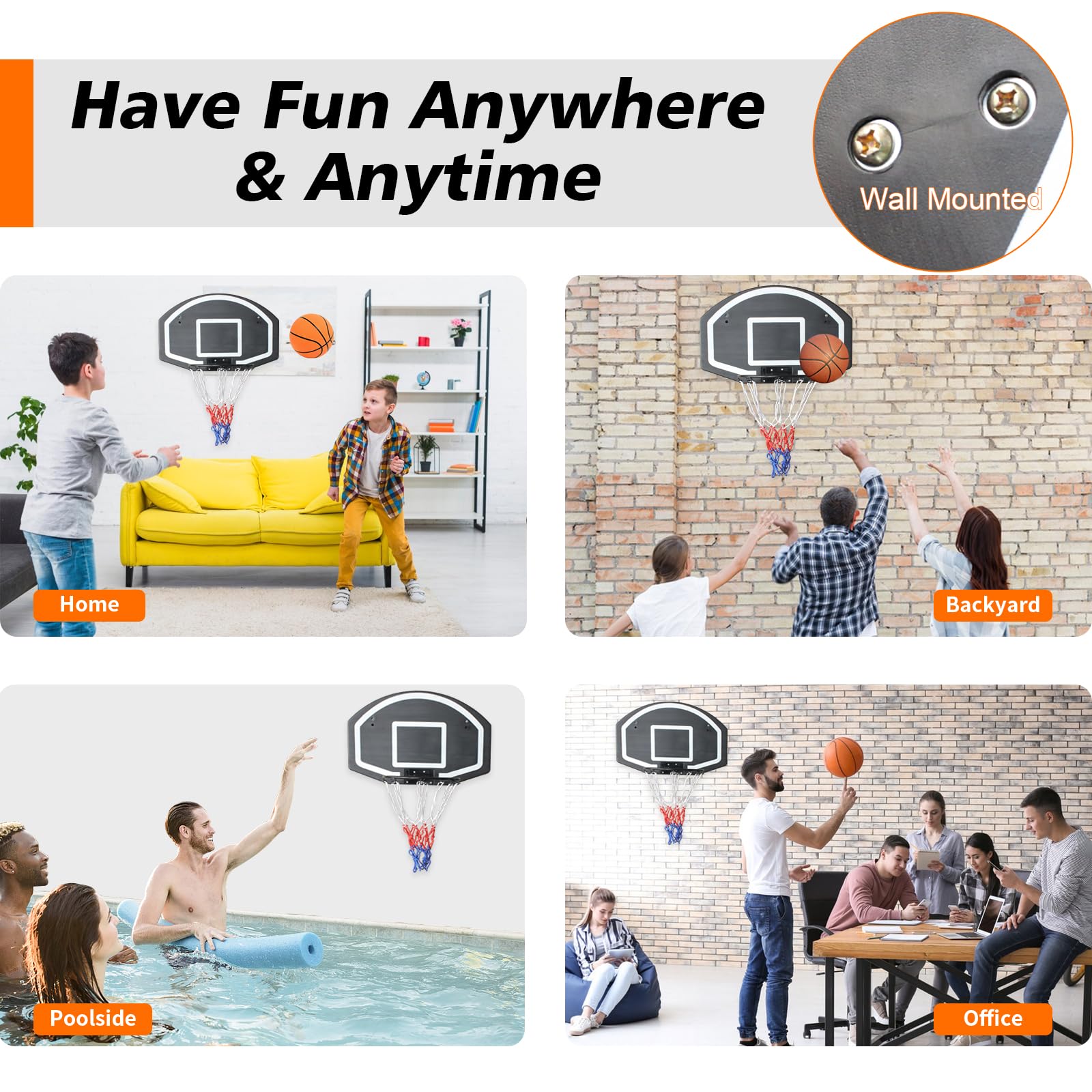 Basketball Hoop Wall/Door Mount Indoor/Outdoor Shatter-Proof Backboard - Black