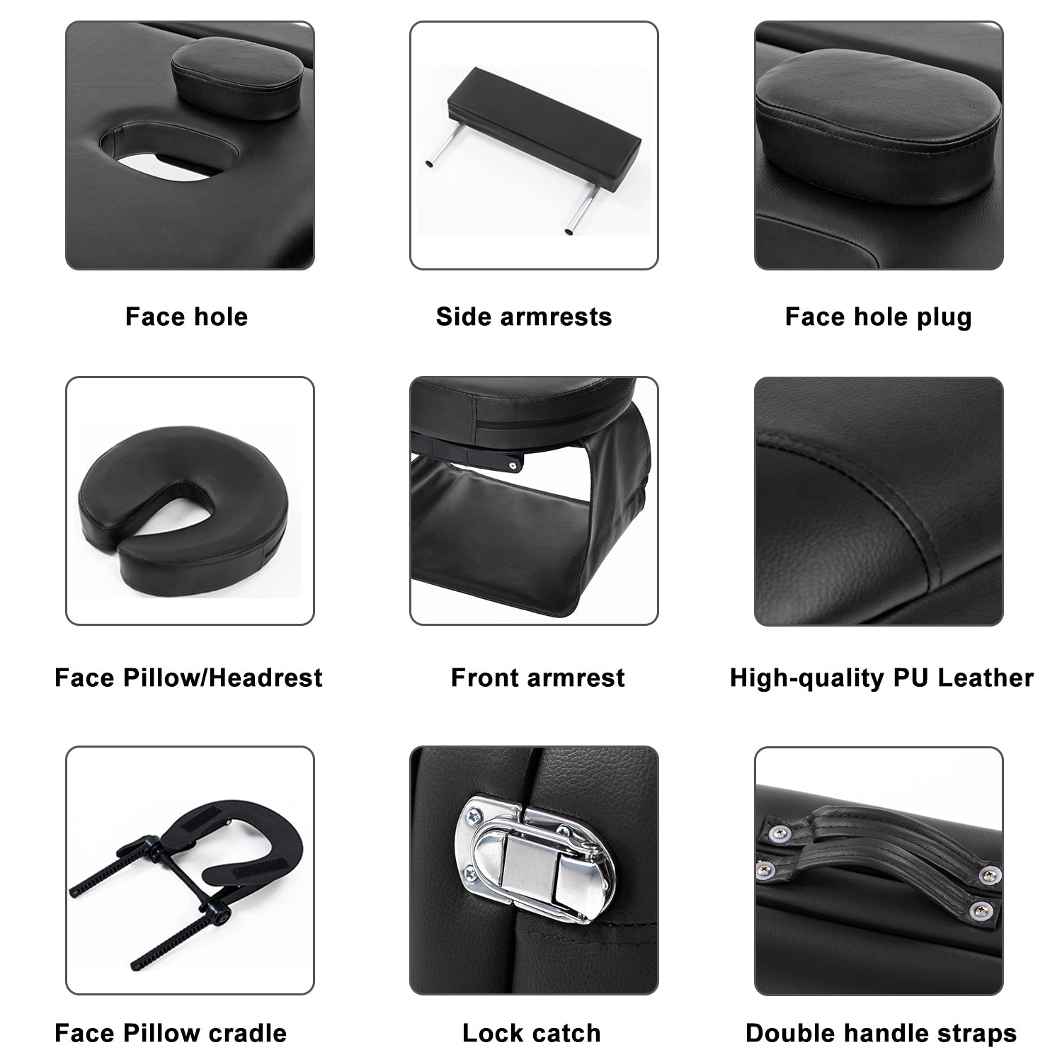 Massage Table Couch Bed Portable Folded 3 Section with Premium PU Leather and 5 cm High Density Multi-Layer Foam, Headrest, Arm Support and Carrying Bag Black