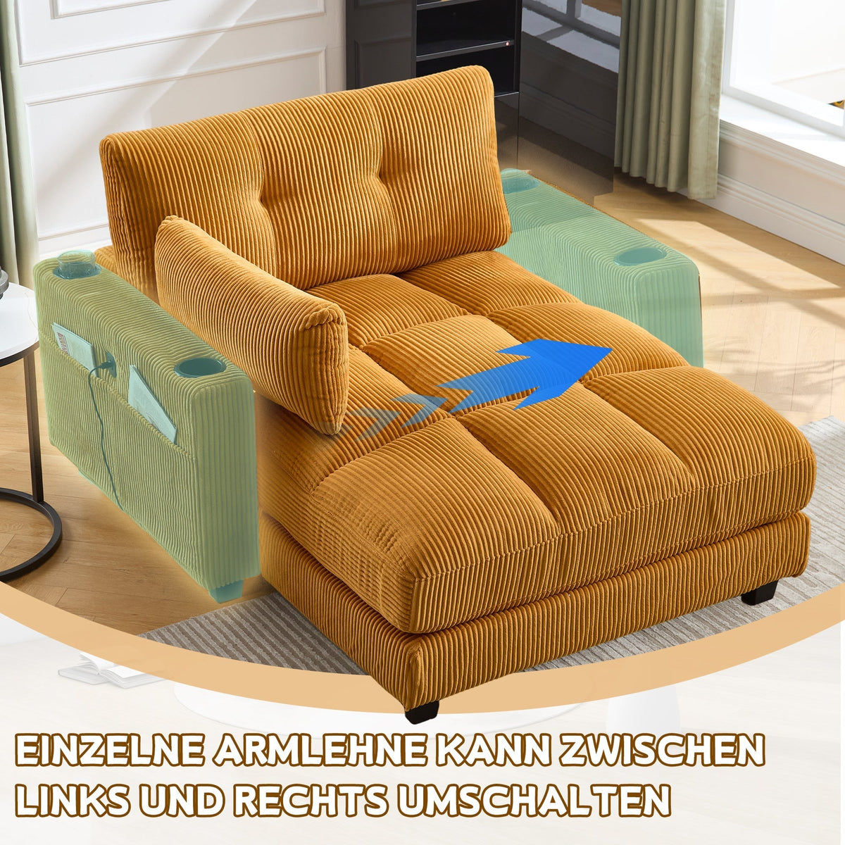 Palm Chair with Fluffy Cushions, Headrest, 3-Cup Holder & Side Pocket, Mustard