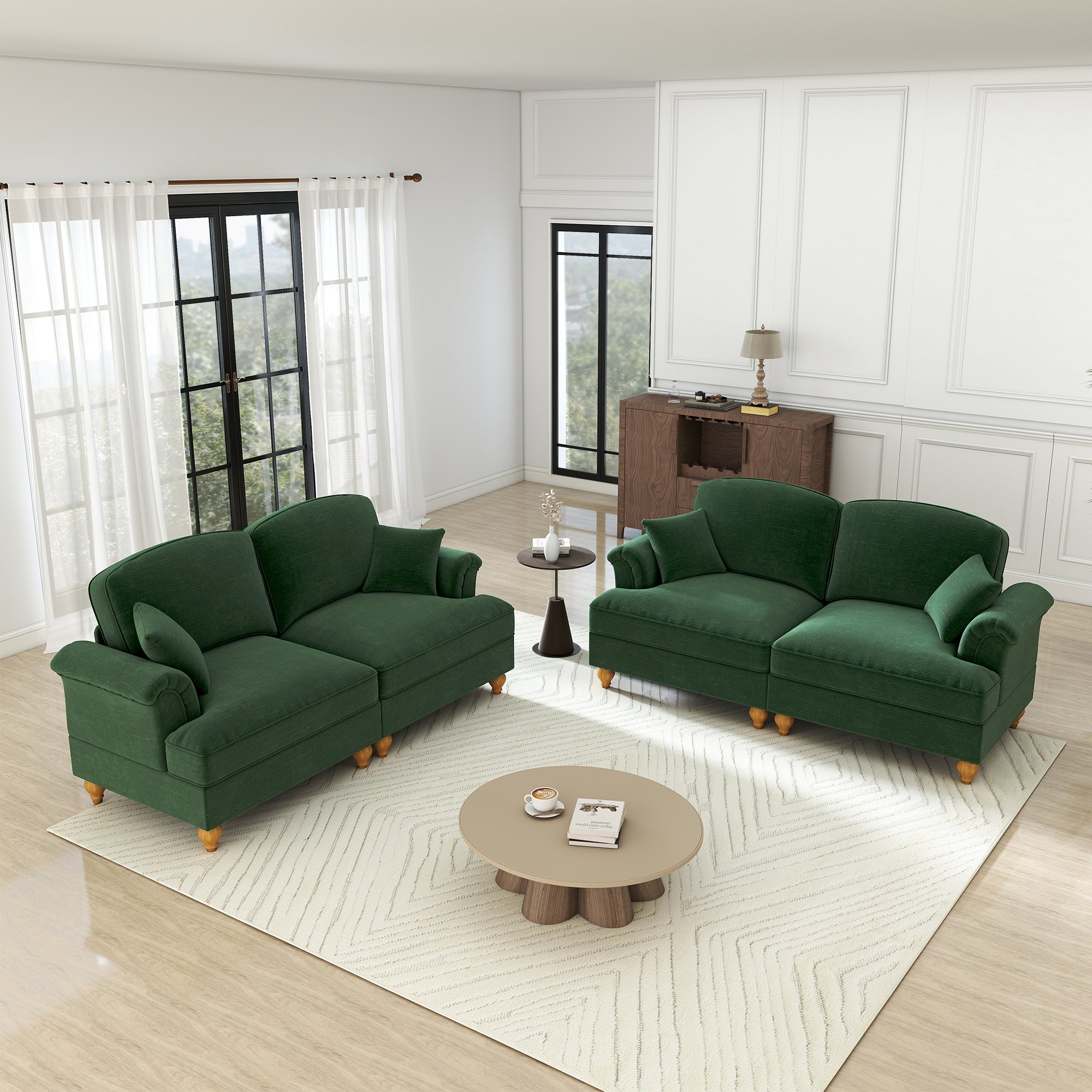 L-Shaped Sofa Mid-Century 2-Seater Movable Ottoman - Green Chenille