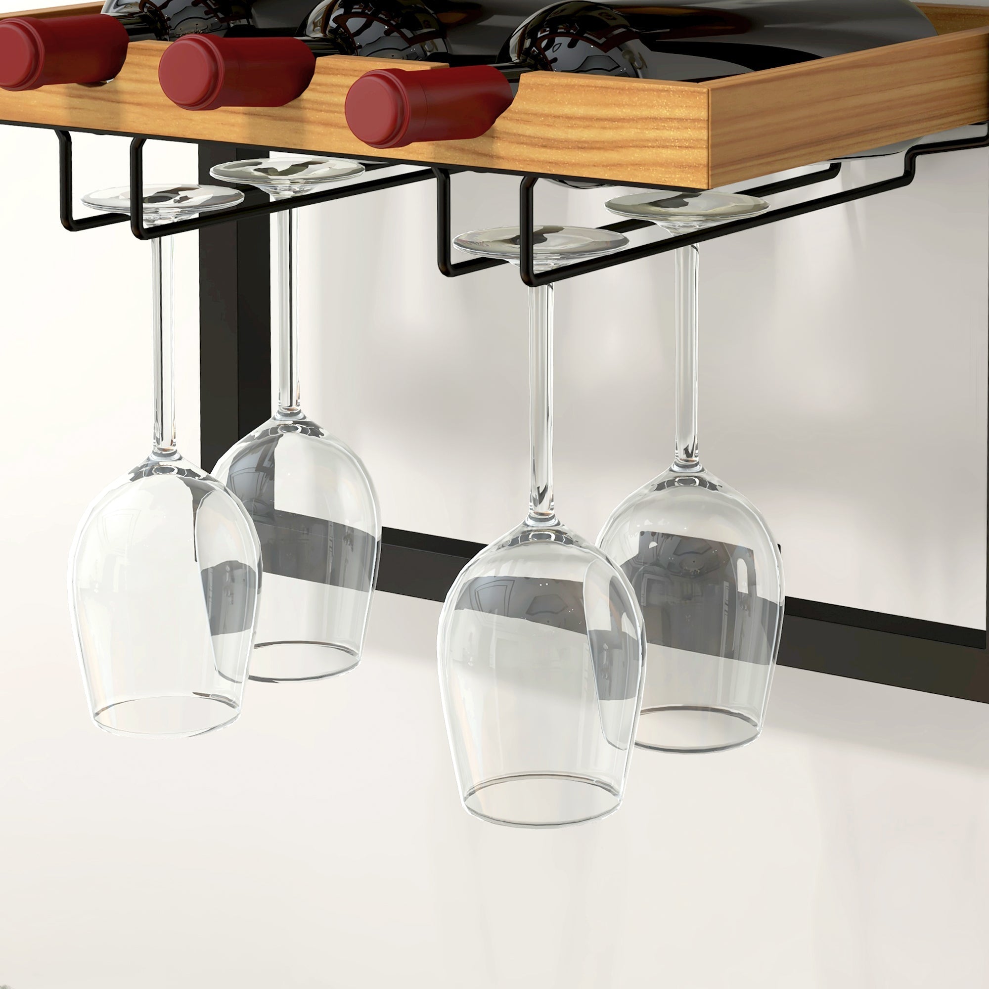 Wall-Mounted Wine Rack, 5 Tiers, 15 Bottles 4 Glasses, Pinewood Steel