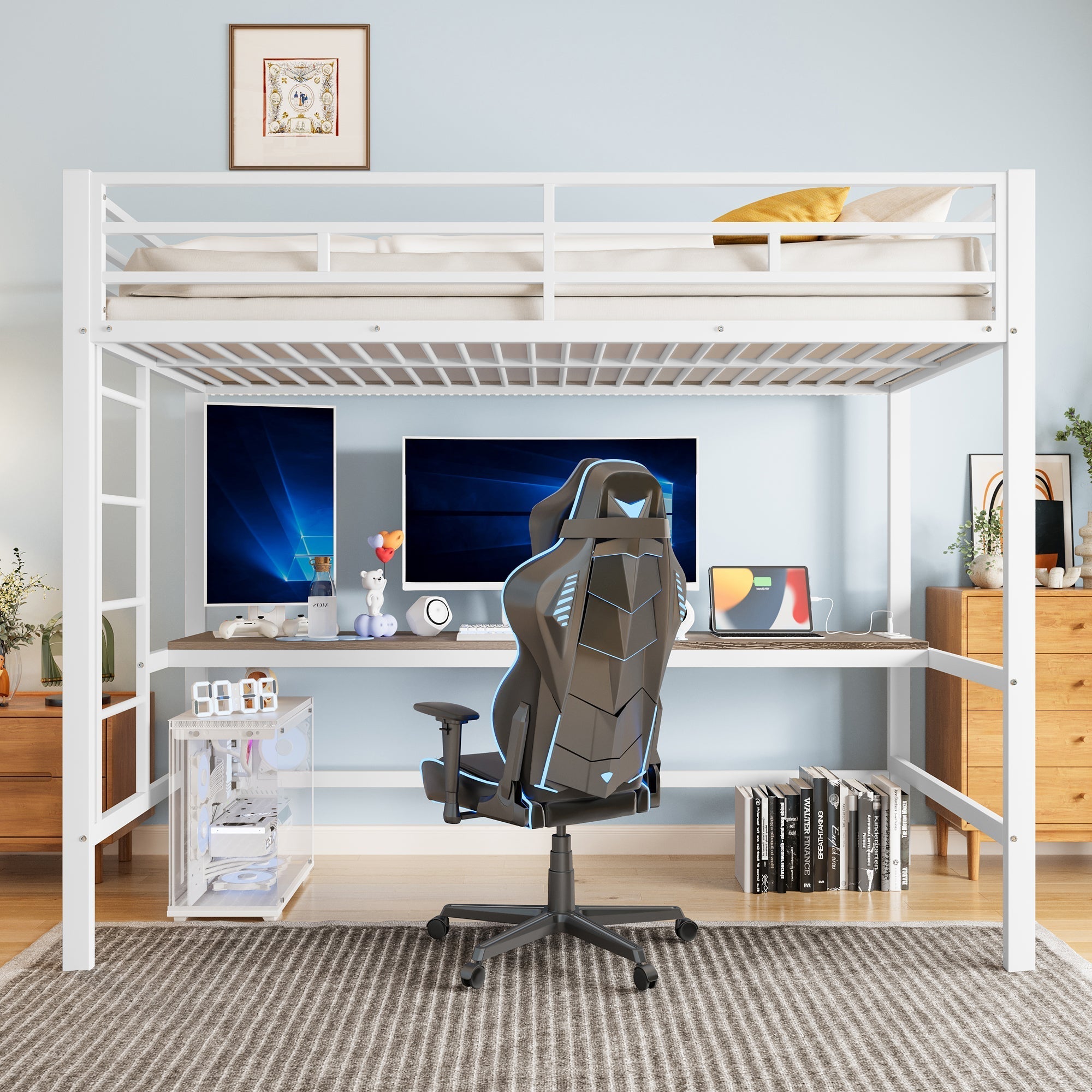 Loft Bed with Desk, USB Ports and LED Light Strip, White Metal