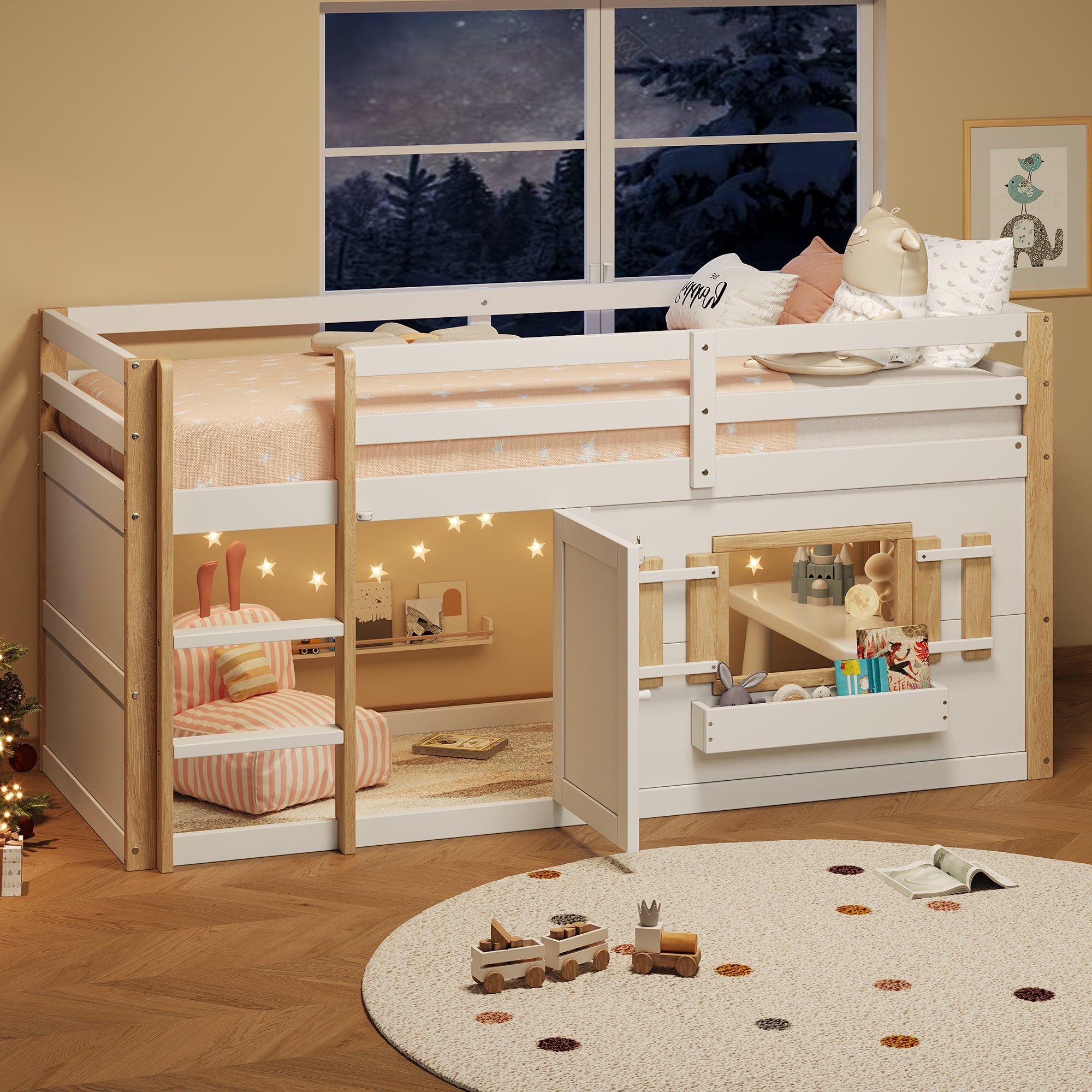 Children's Bunk/Loft Bed Multifunctional with Ladder & Play Area, White