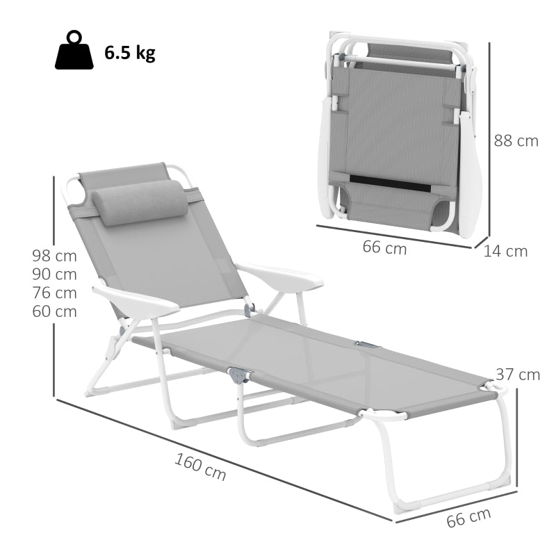 Folding Sun Lounger Deck Chair 4-Position Adjustable 120kg Capacity, Light Grey