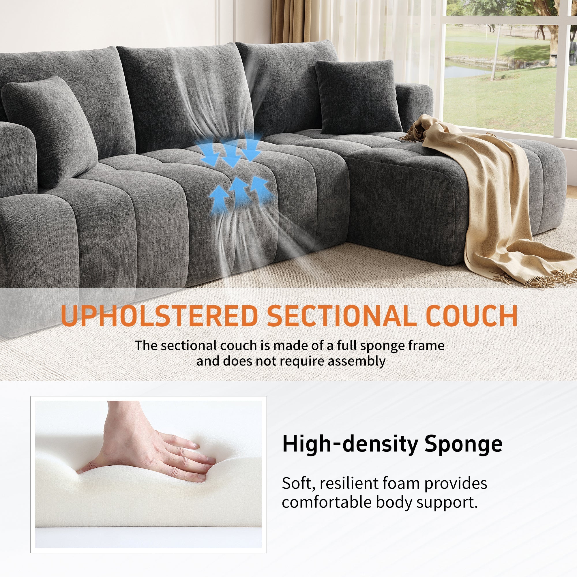 Modular L-shaped Corner Cloud Sofa, Frameless Low-Profile Design, Gray Chenille Fabric