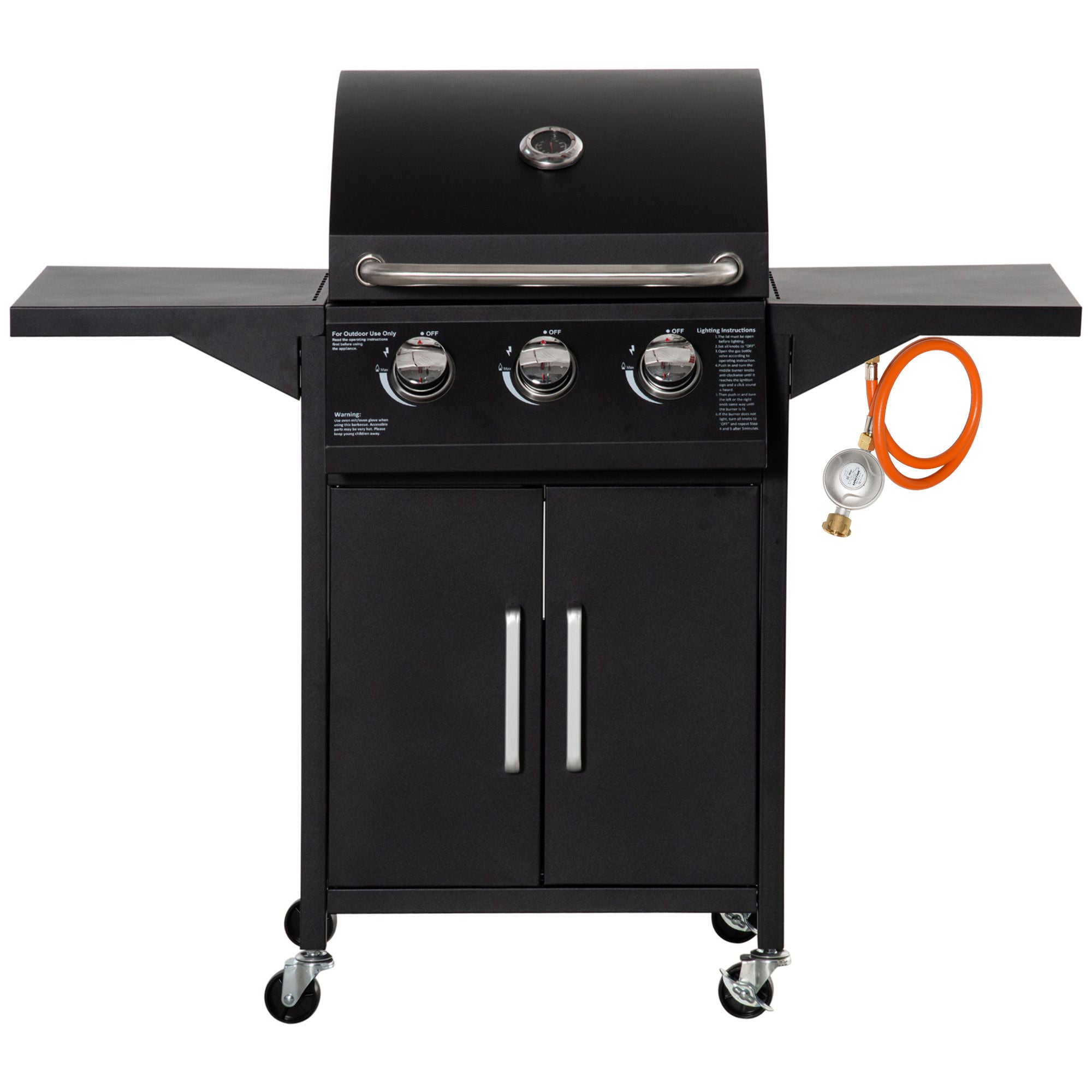 3 Burner Gas BBQ Grill, Portable Trolley w/ Warming Rack & Thermometer, Carbon Steel, Black