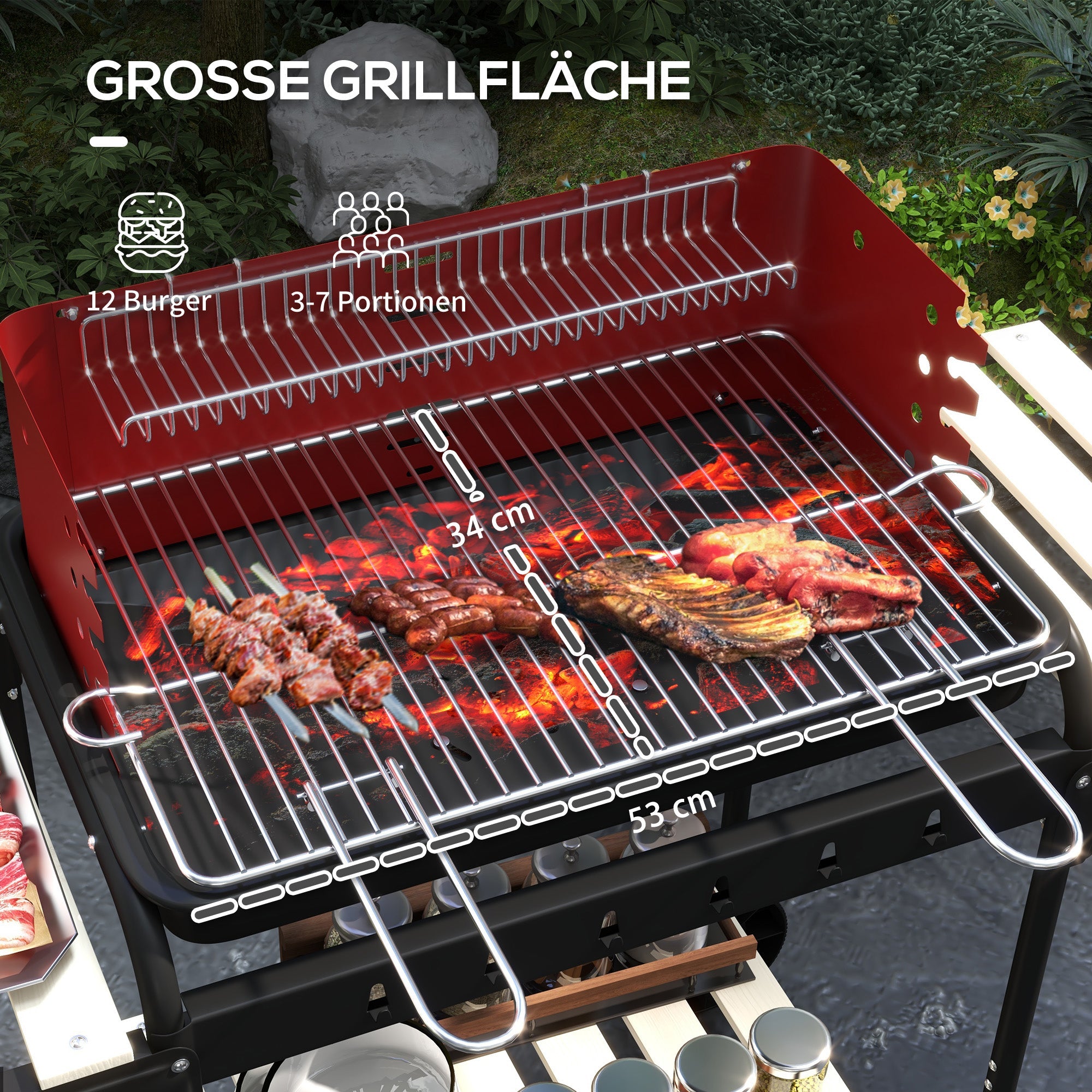 Metal Charcoal Grill BBQ Smoker Mobile with Wheels Adjustable Grate Wood Shelf