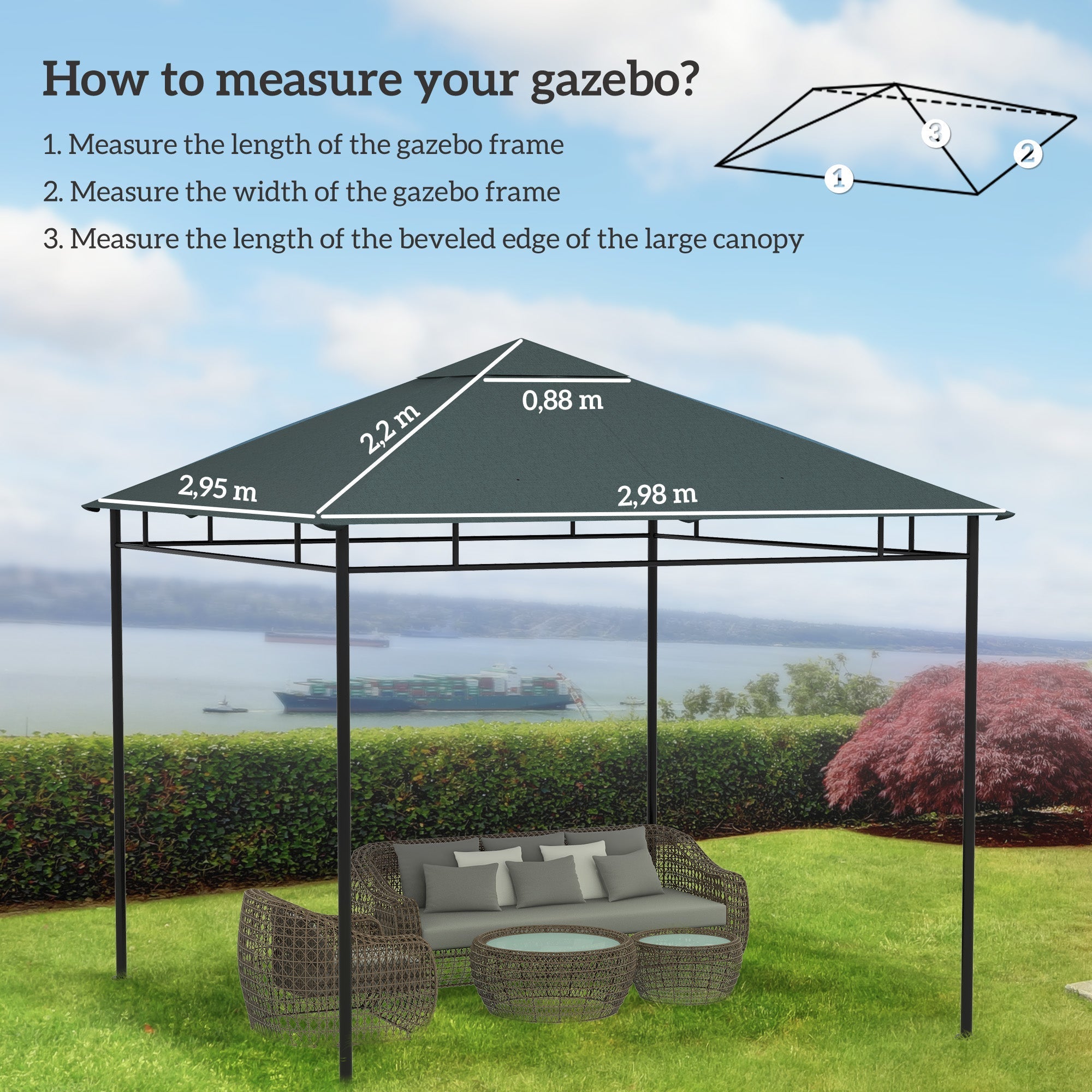 Pavilion Roof Replacement 3x3m Sunshade Polyester Dark Grey