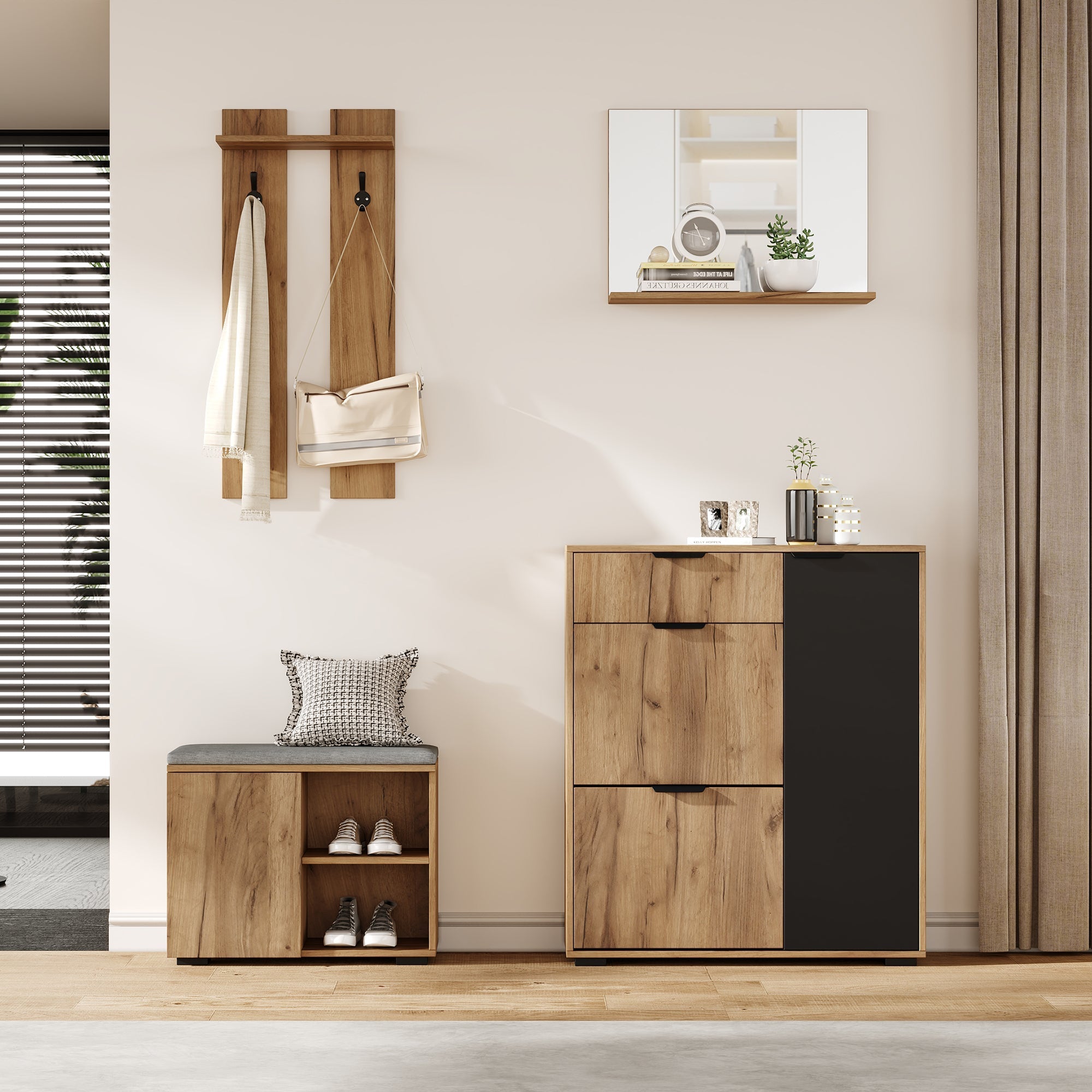 Hallway Wardrobe Set Wall-Mounted with Shoe Bench Shoe Cabinet Mirror Natural and Black