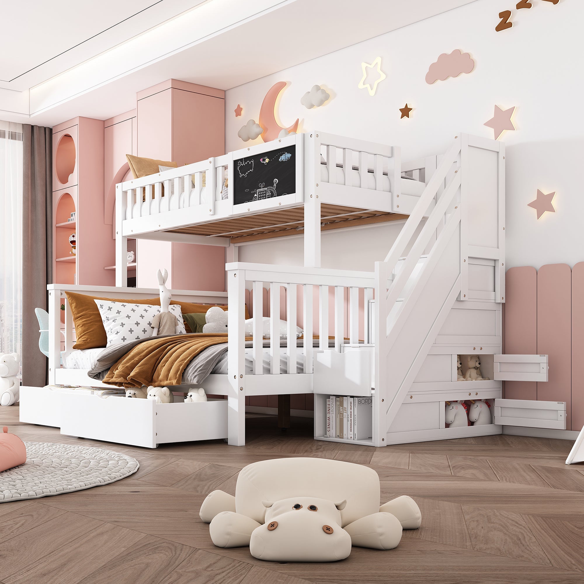 Children's Bunk Bed with Chalkboard and Drawers, 90x200 & 140x200cm, White