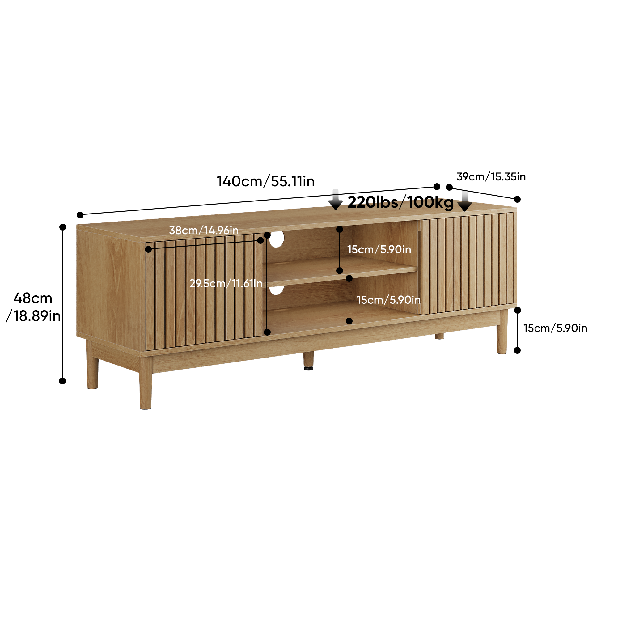 Mid-Century Modern TV Stand for 55/65 Inch TVs with Storage, 140cm High Media Console, Oak Color