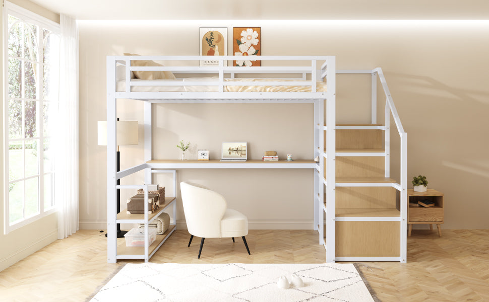 Metal Loft Bed 140x200 Storage Ladder Shelves Table, White