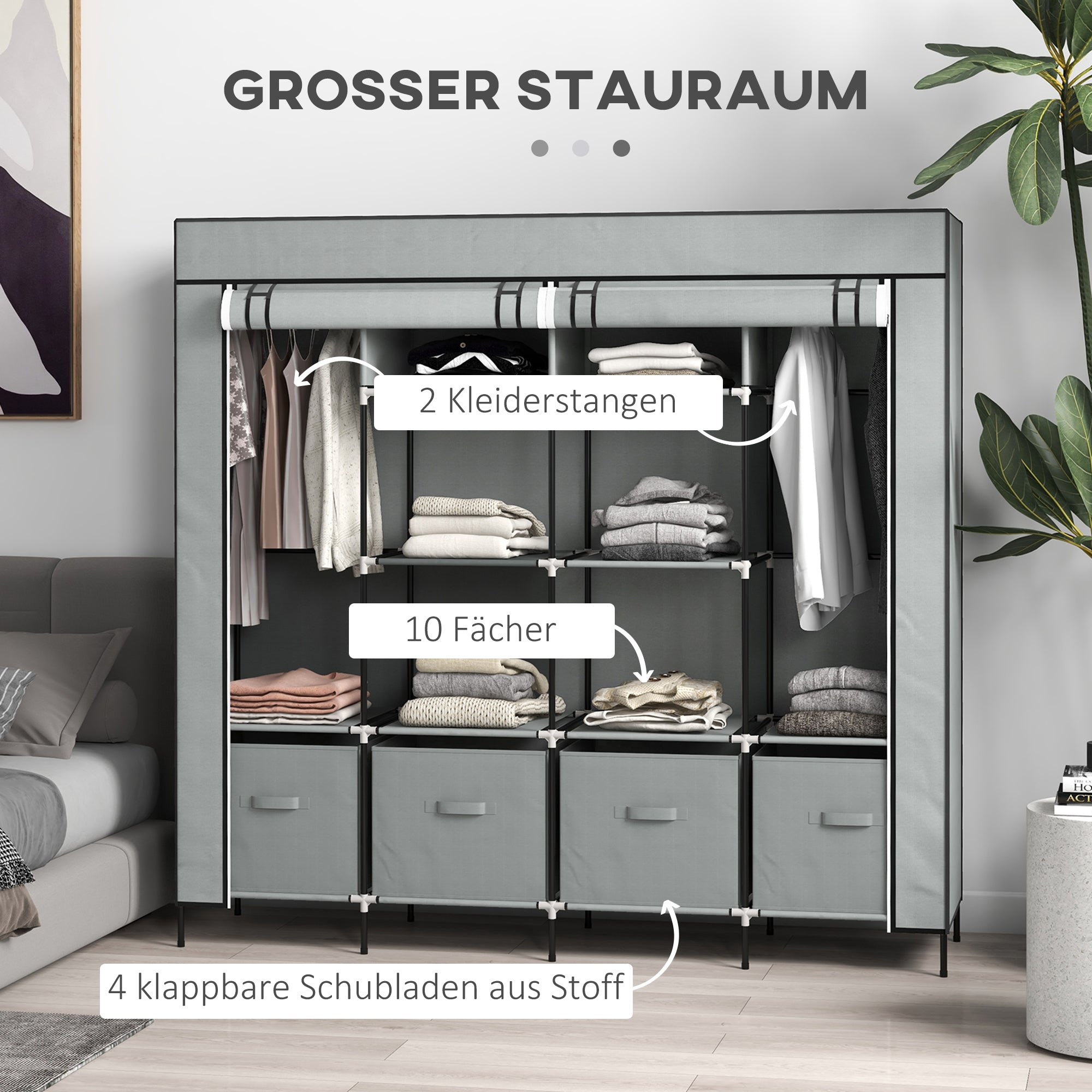 Stoffkleiderschrank, Kleiderstange 10 Fächer 4 Schubladen, Dunkelgrau