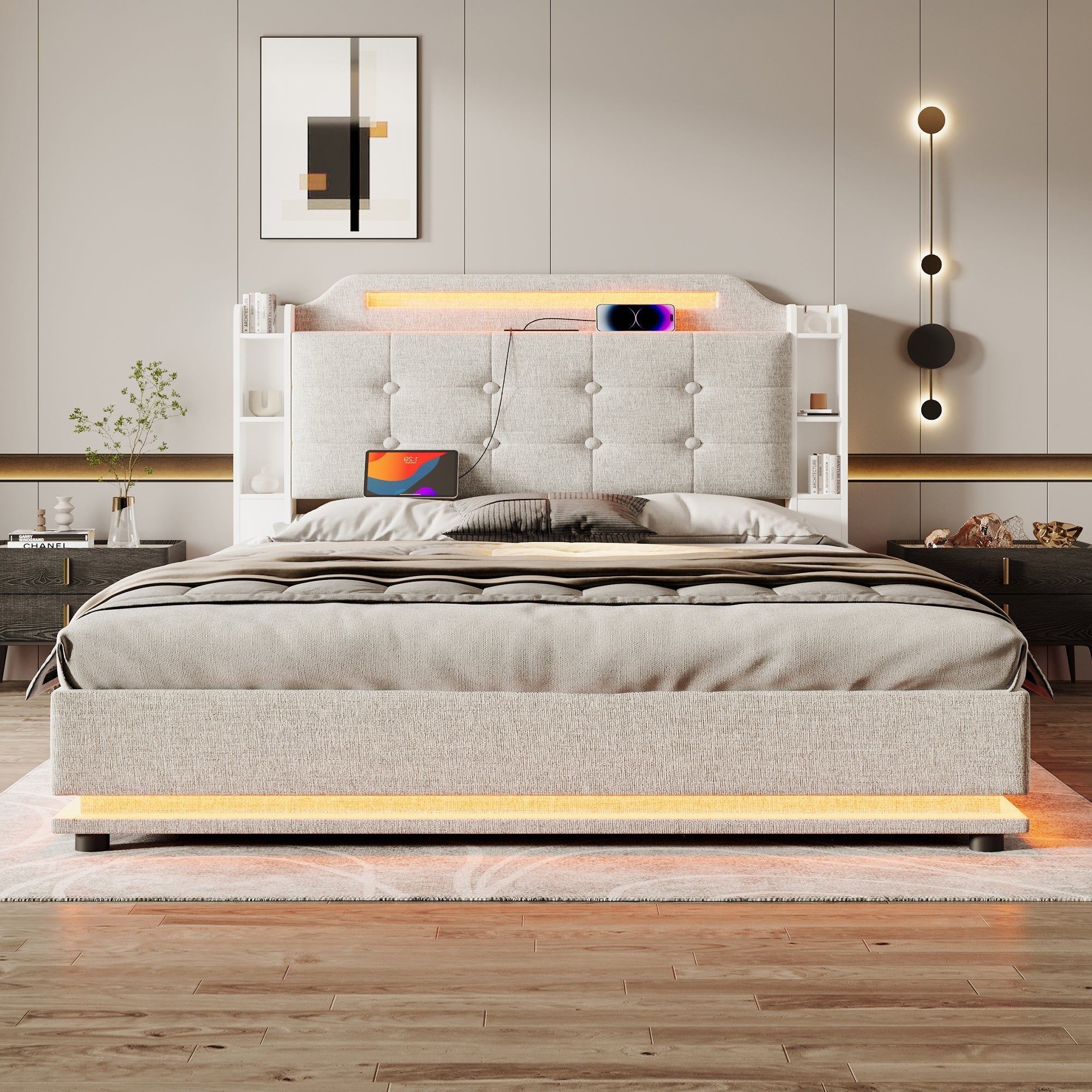 Upholstered Bed 140x200cm Hydraulic Storage LED USB/Type-C Linen Beige