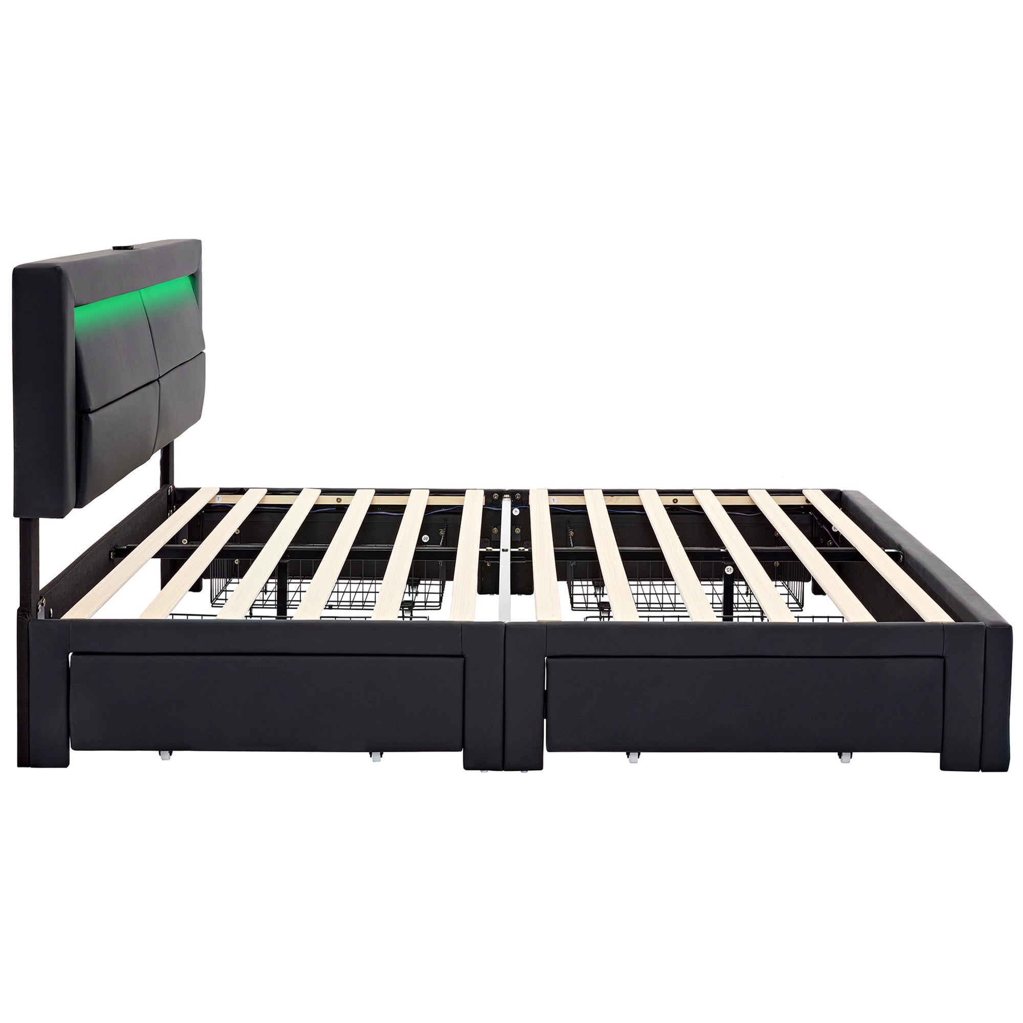 Upholstered Bed 140x200cm USB LED Light 4 Drawers - PU Black