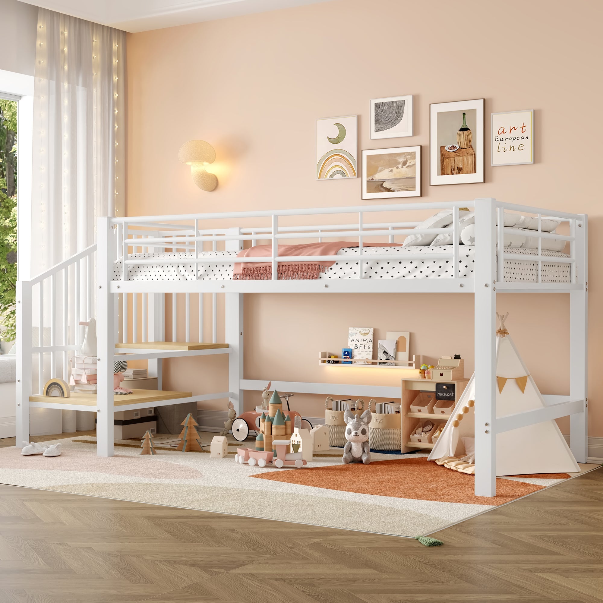 Semi-high Loft Bed 90x200 with Storage Stairs, White