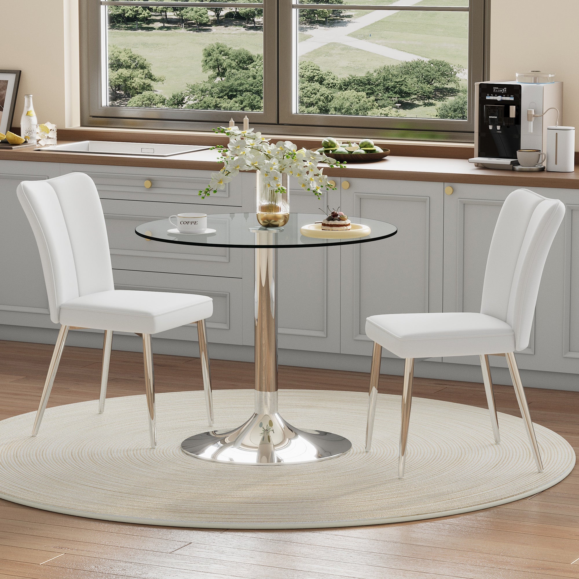 Modern Dining Set 85cm Tempered Glass Table with 2 PU Chairs - White