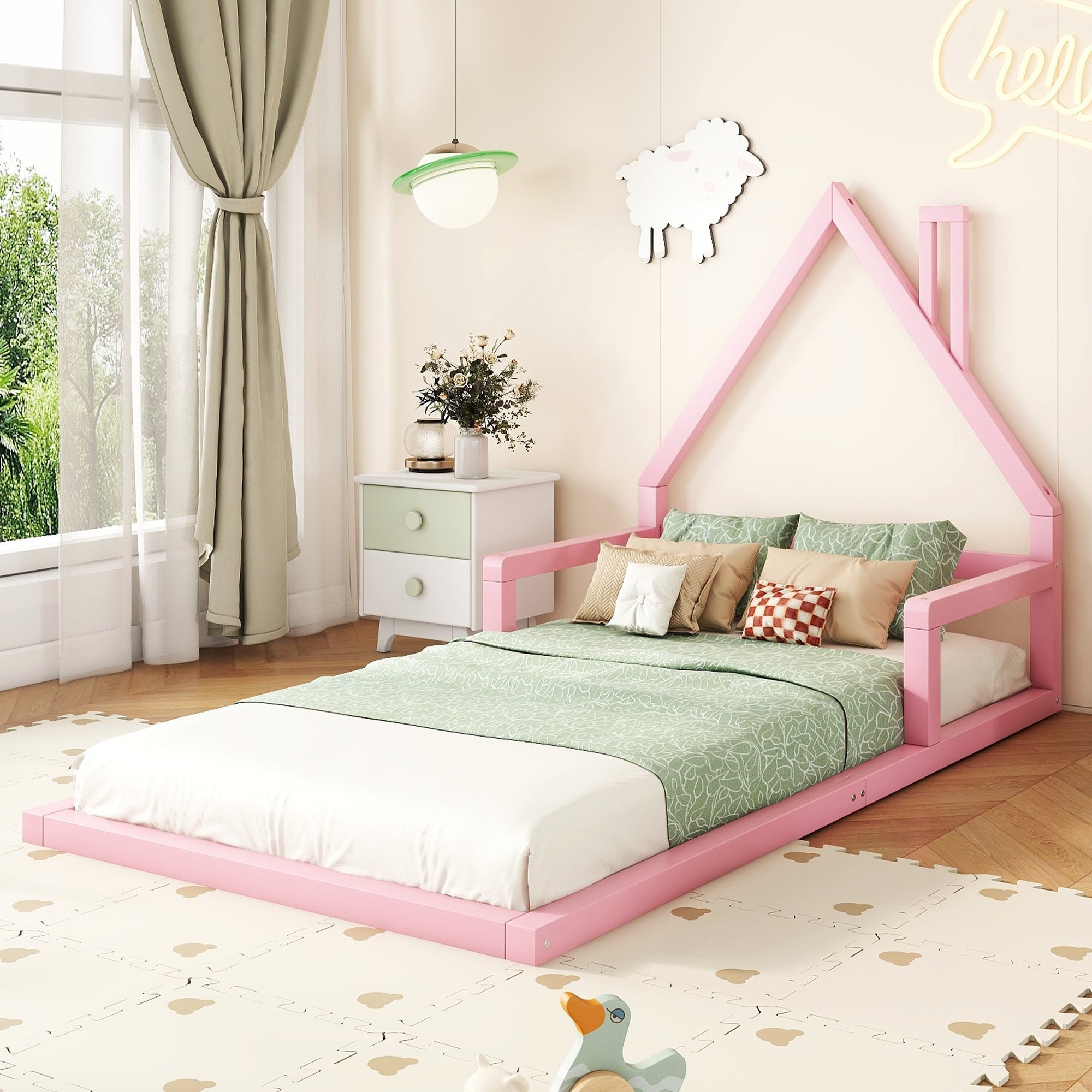 Children's bed, 90x200cm, flat bed, house shape, solid pine, pink