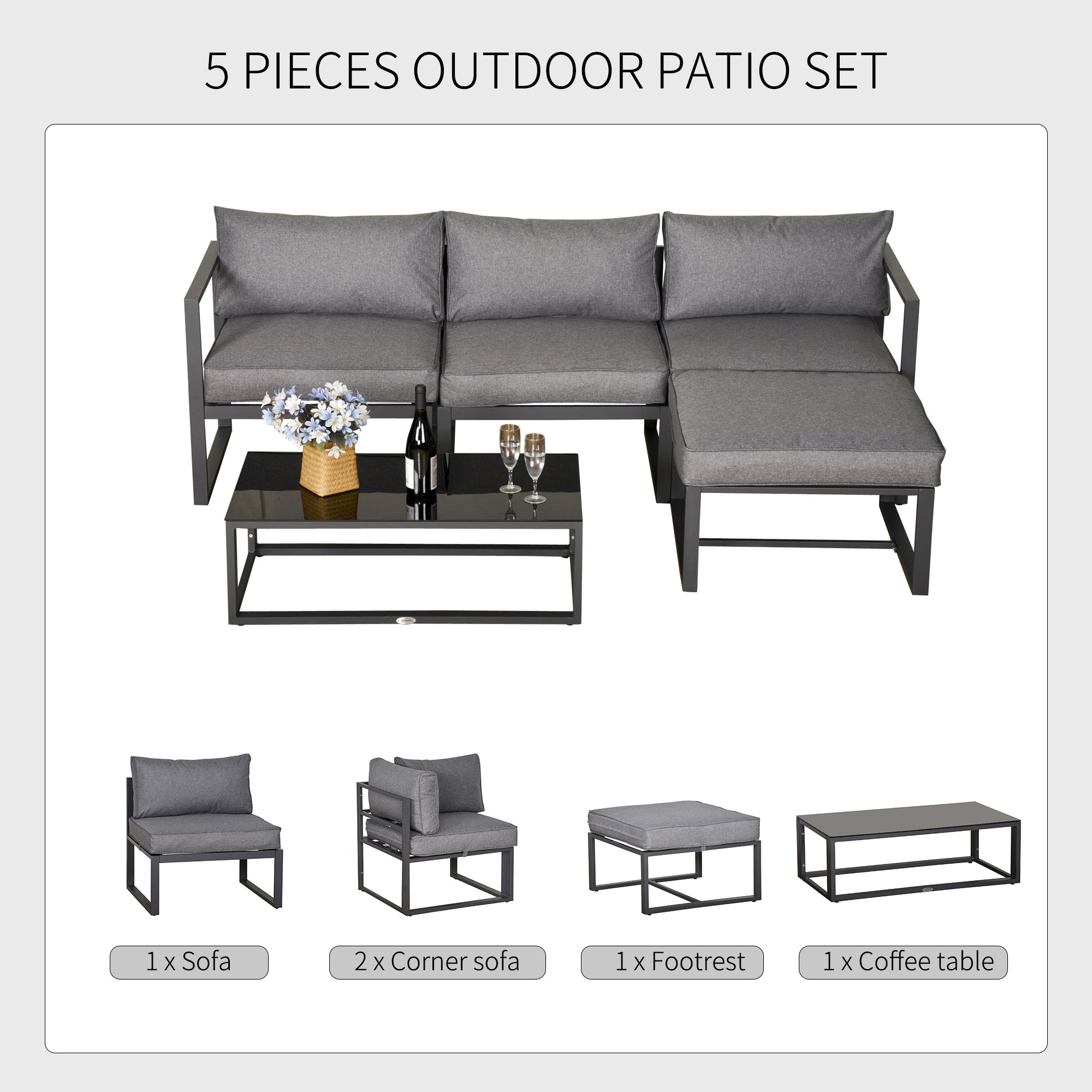 5 Piece Outdoor Patio Set, Cushioned Sofa & Glass Table, Aluminum, Grey