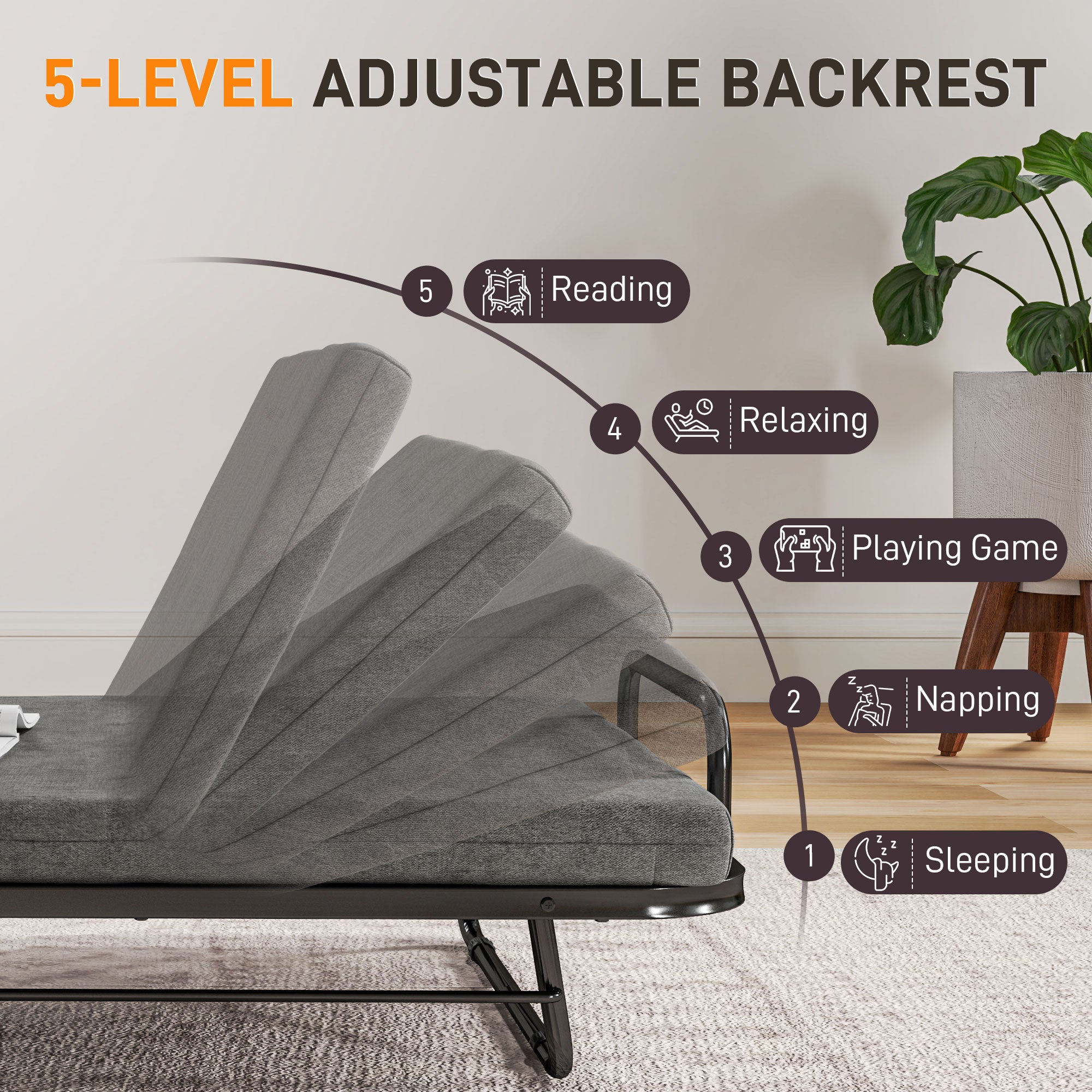 Single Folding Bed with 5-Position Adjustable Back and Wheels, Grey