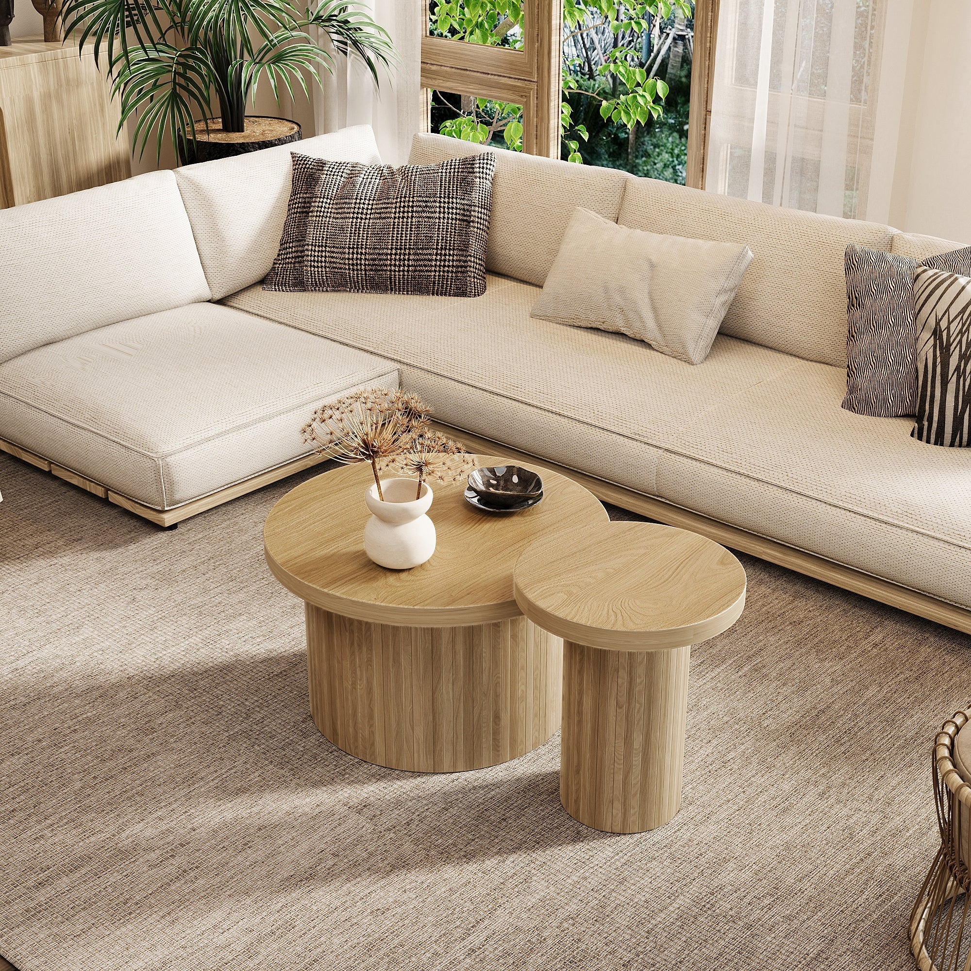 Coffee Table, Double Round Side Table, Natural Wood