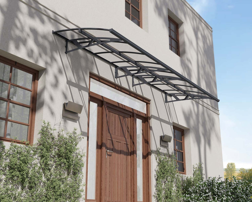 Amsterdam 5 ft. x 15 ft. Door Awning Kit - Grey Structure & clear Panels - Rathwood Store