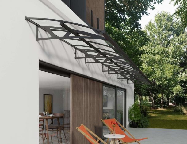 Amsterdam 5 ft. x 29 ft. Door Awning Kit - Grey Structure & clear Panels - Rathwood Store