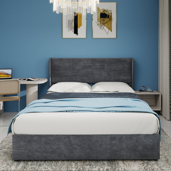 Upholstered Bed, Modern Minimalist with Gas Lift Storage, Grey