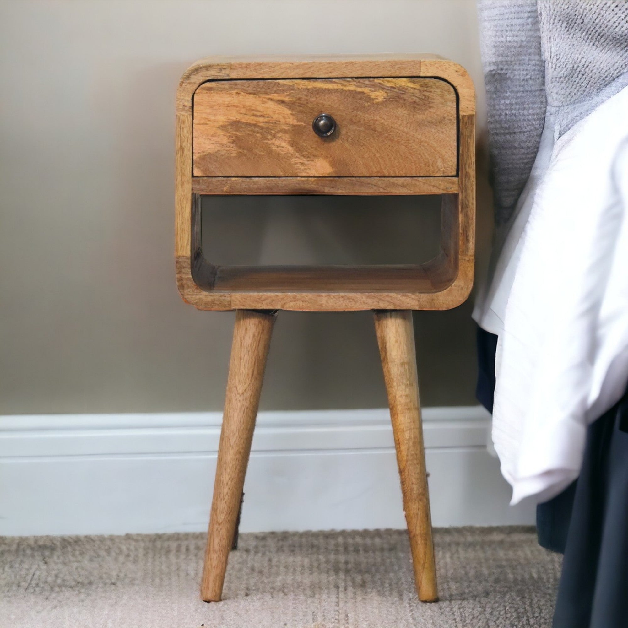 Solid Wood Bedside, Curve Lower with 1 Drawer and Open Slot, Oak-ish