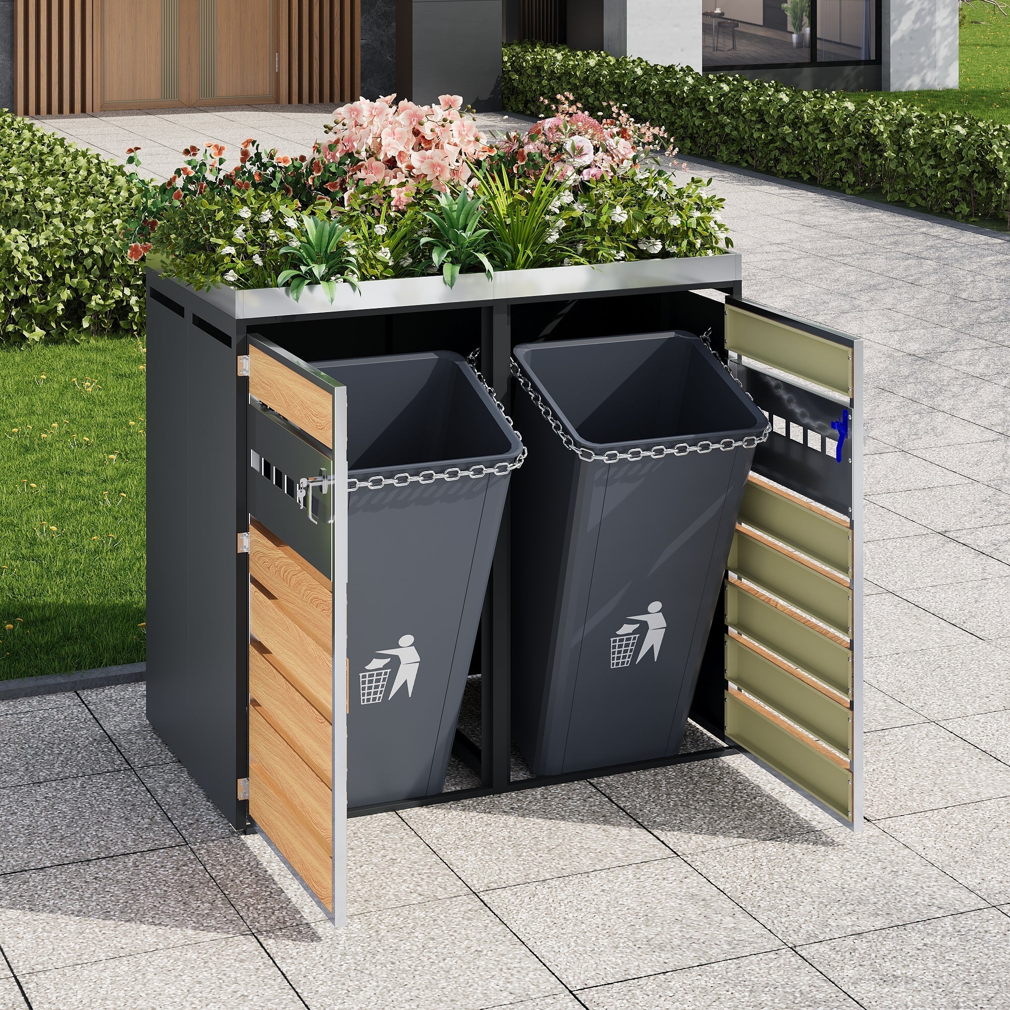 Trash Can Storage Box with Lockable Two Doors and Planting Area, Ventilation, Steel
