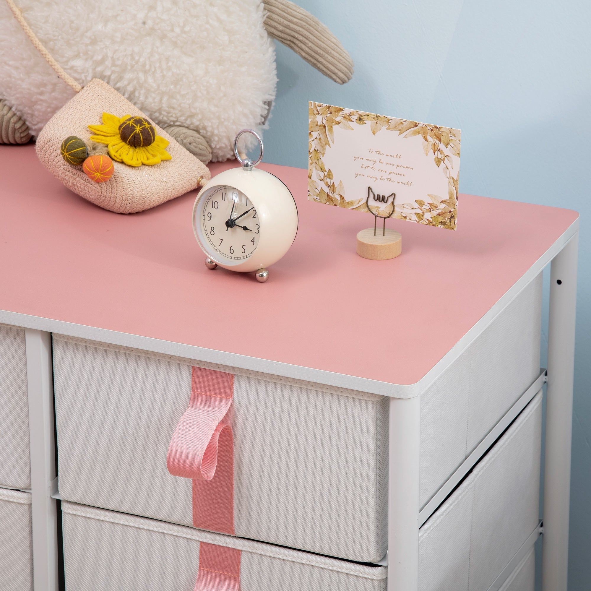 Chest of Drawers: 6 Fabric Drawers, Metal Frame, Wooden Top, Pink
